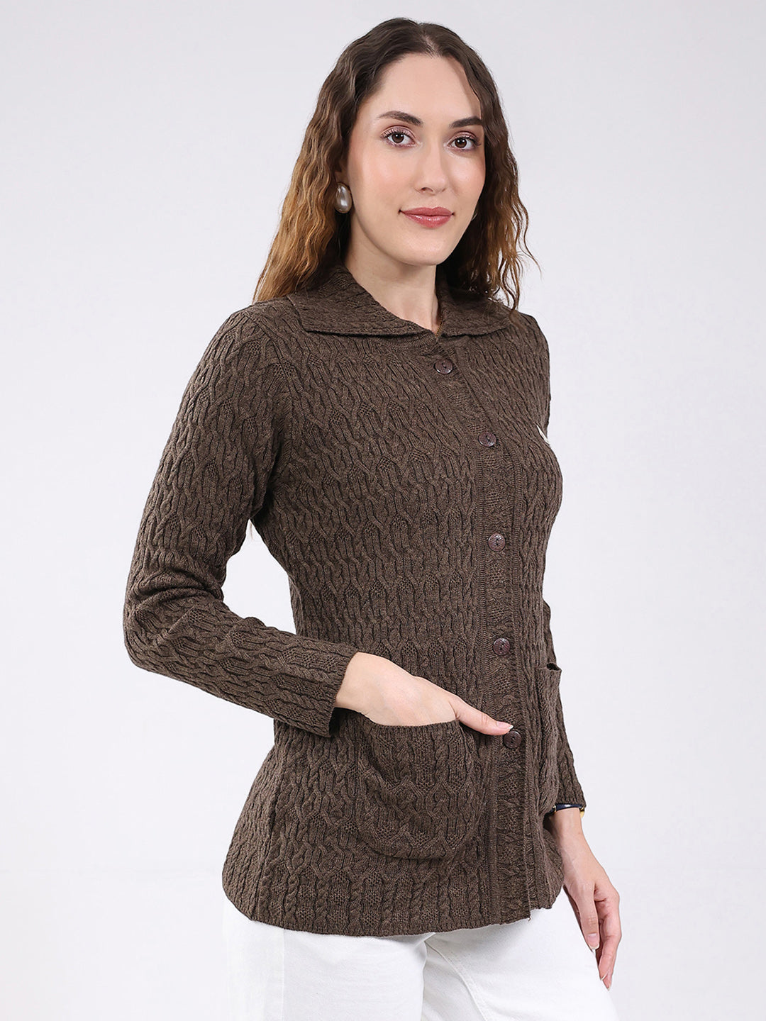 Women Brown Self Design Stand Collar Full Sleeve Cardigan