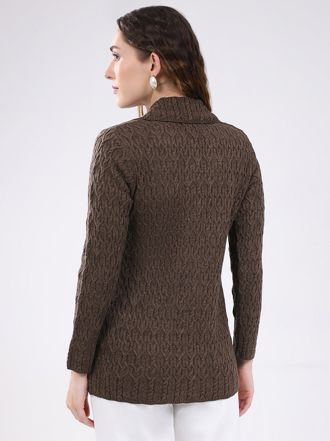 Women Brown Self Design Stand Collar Full Sleeve Cardigan