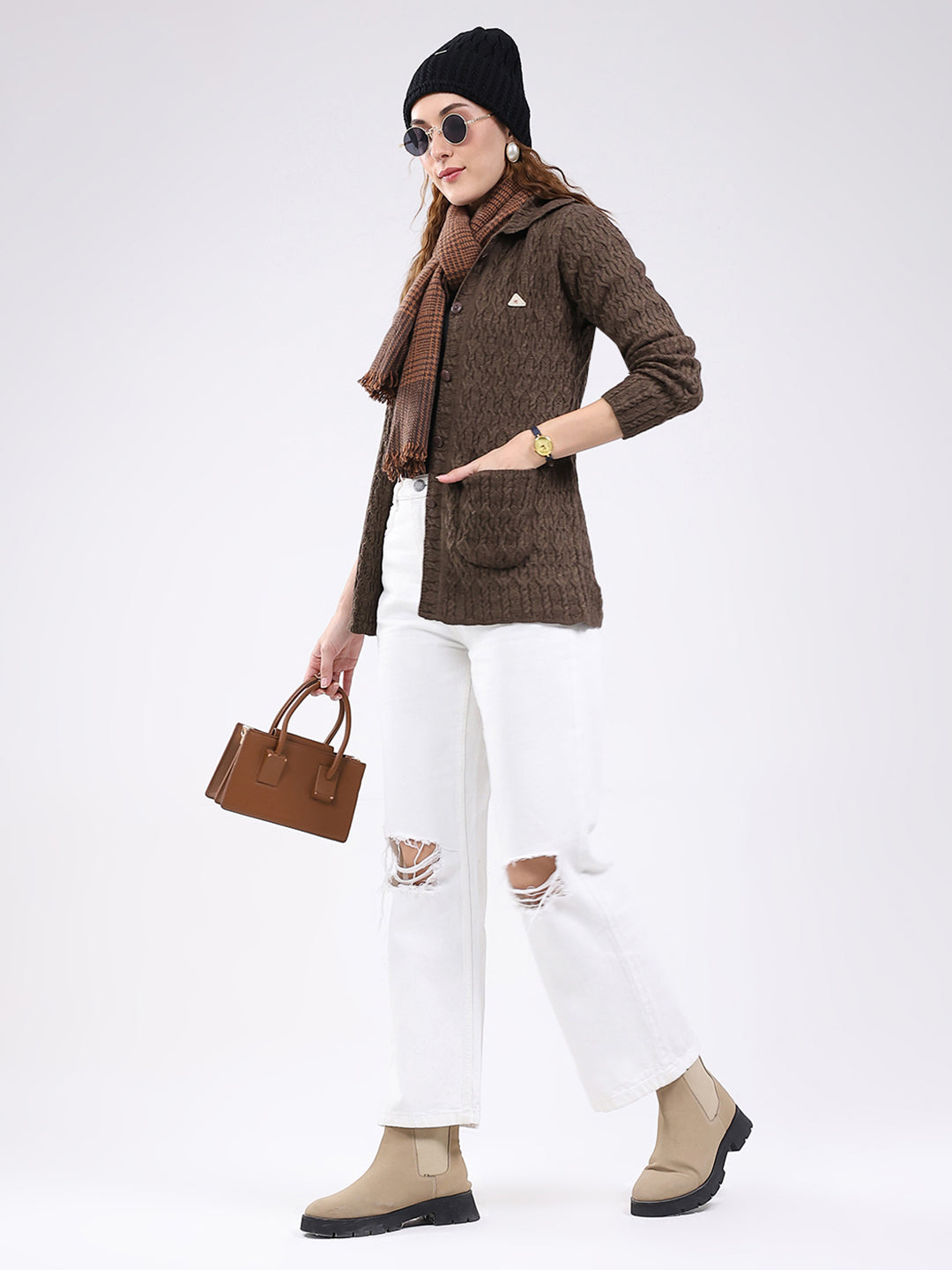 Women Brown Self Design Stand Collar Full Sleeve Cardigan