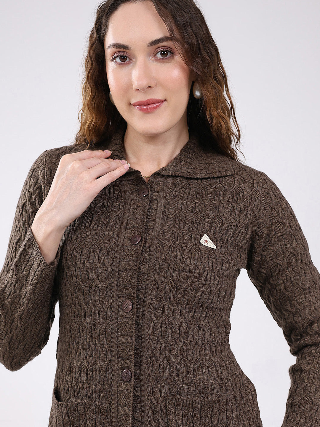 Women Brown Self Design Stand Collar Full Sleeve Cardigan