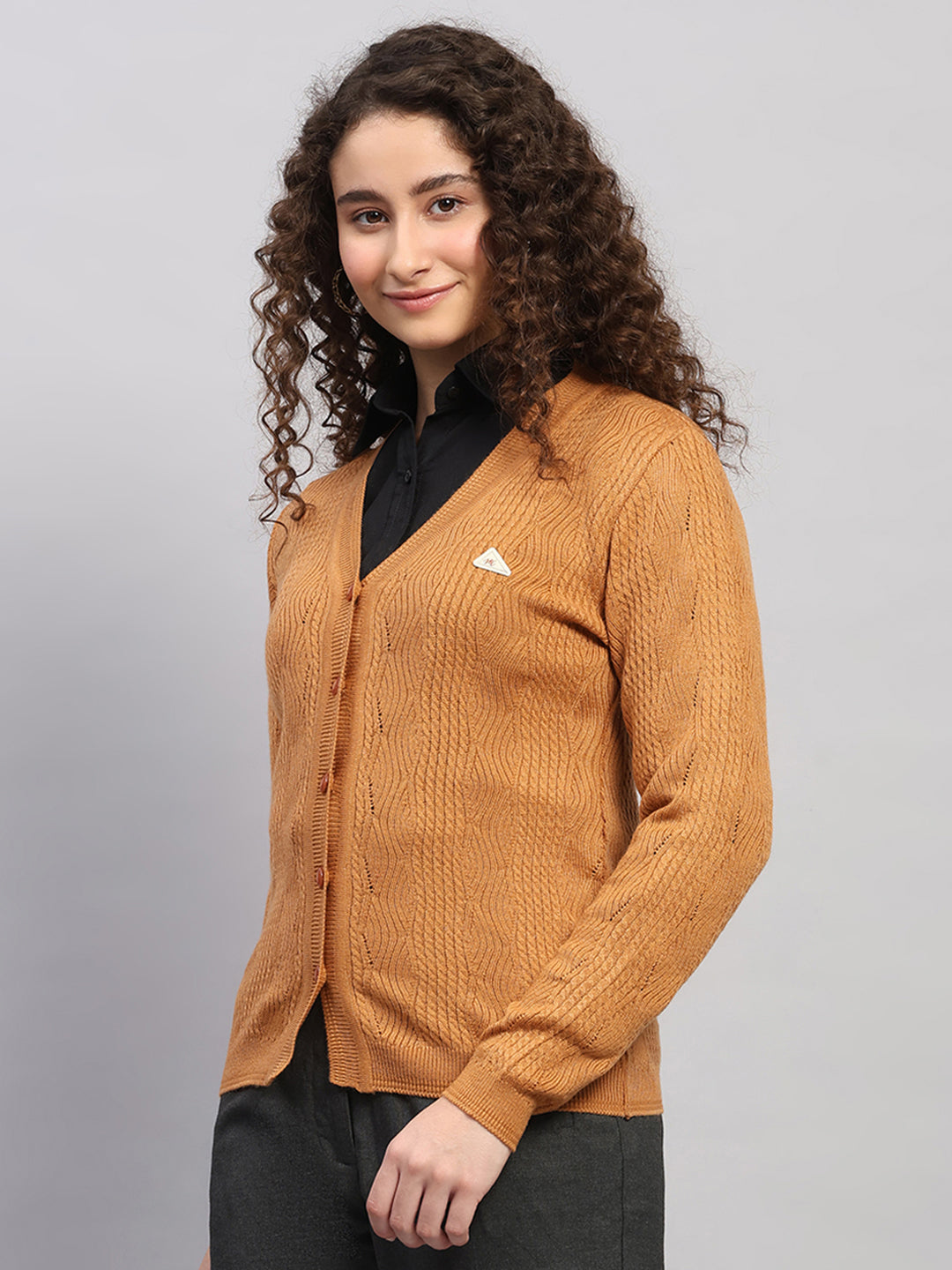Women Brown Self Design V Neck Full Sleeve Cardigan