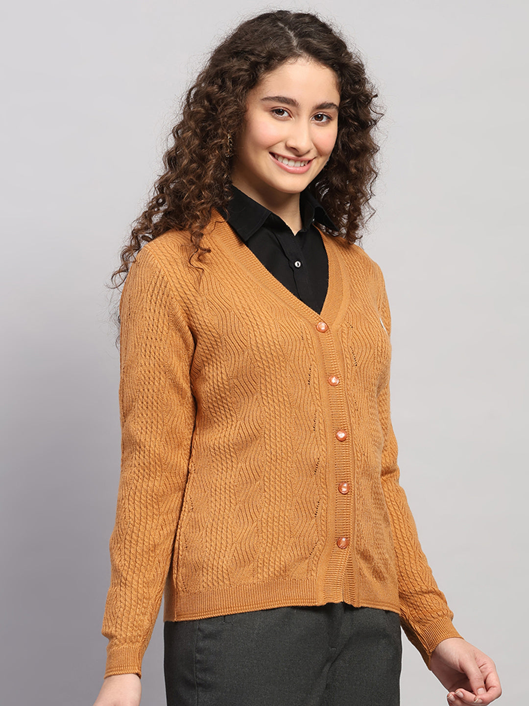 Women Brown Self Design V Neck Full Sleeve Cardigan