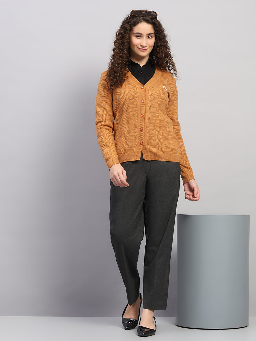 Women Brown Self Design V Neck Full Sleeve Cardigan