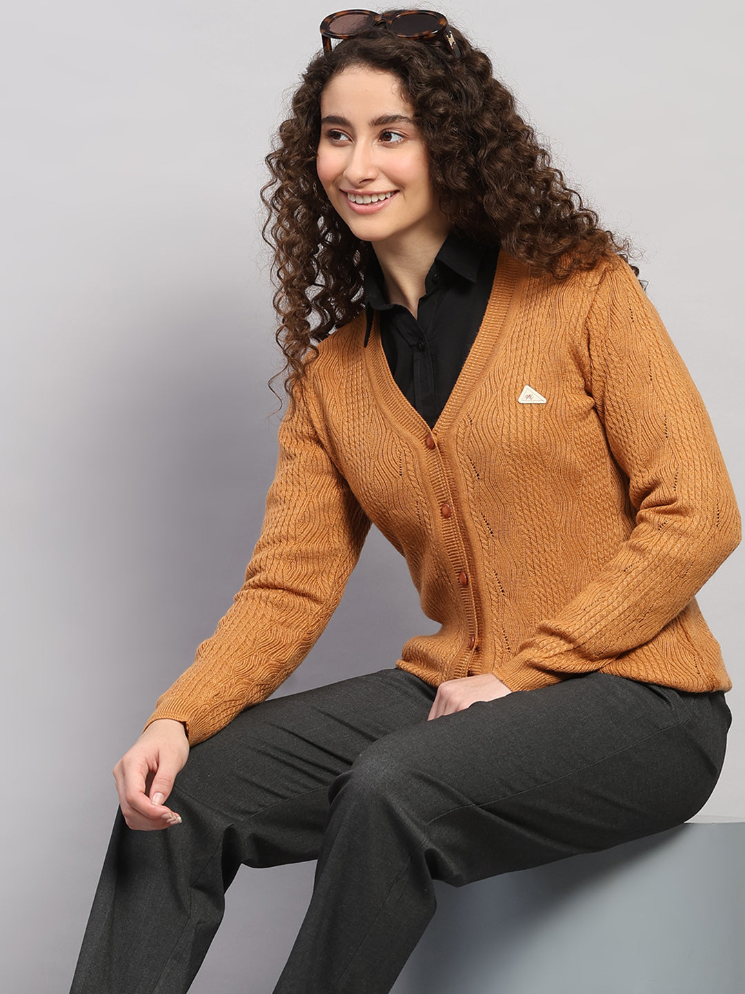 Women Brown Self Design V Neck Full Sleeve Cardigan