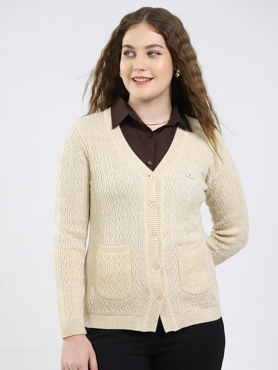 Women Beige Self Design V Neck Full Sleeve Cardigan