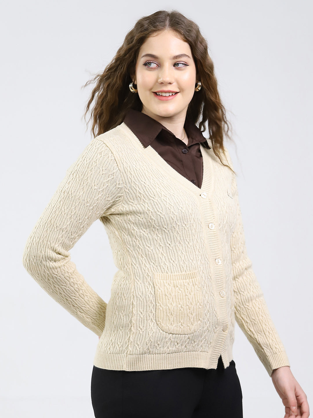 Women Beige Self Design V Neck Full Sleeve Cardigan