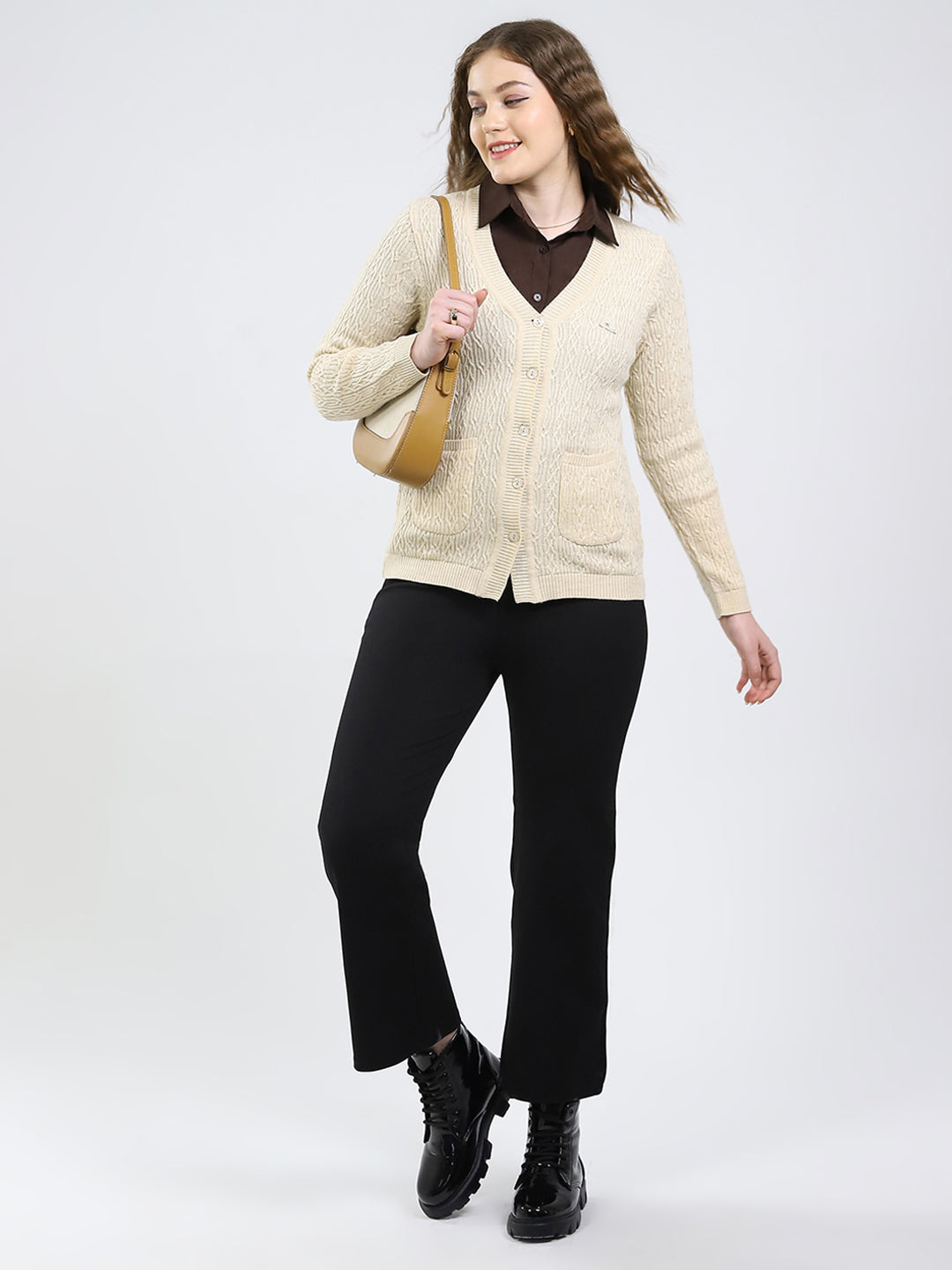 Women Beige Self Design V Neck Full Sleeve Cardigan