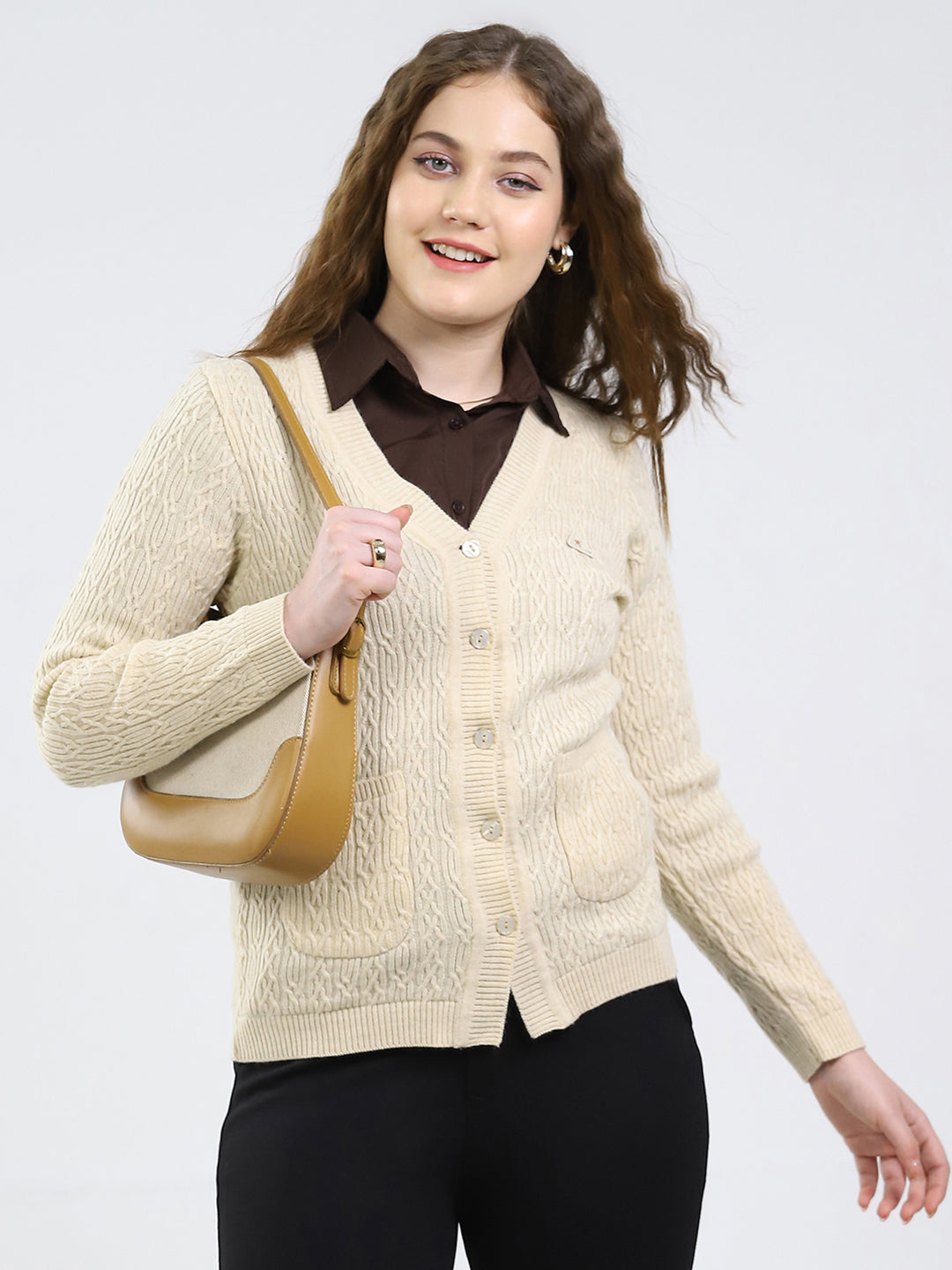Women Beige Self Design V Neck Full Sleeve Cardigan