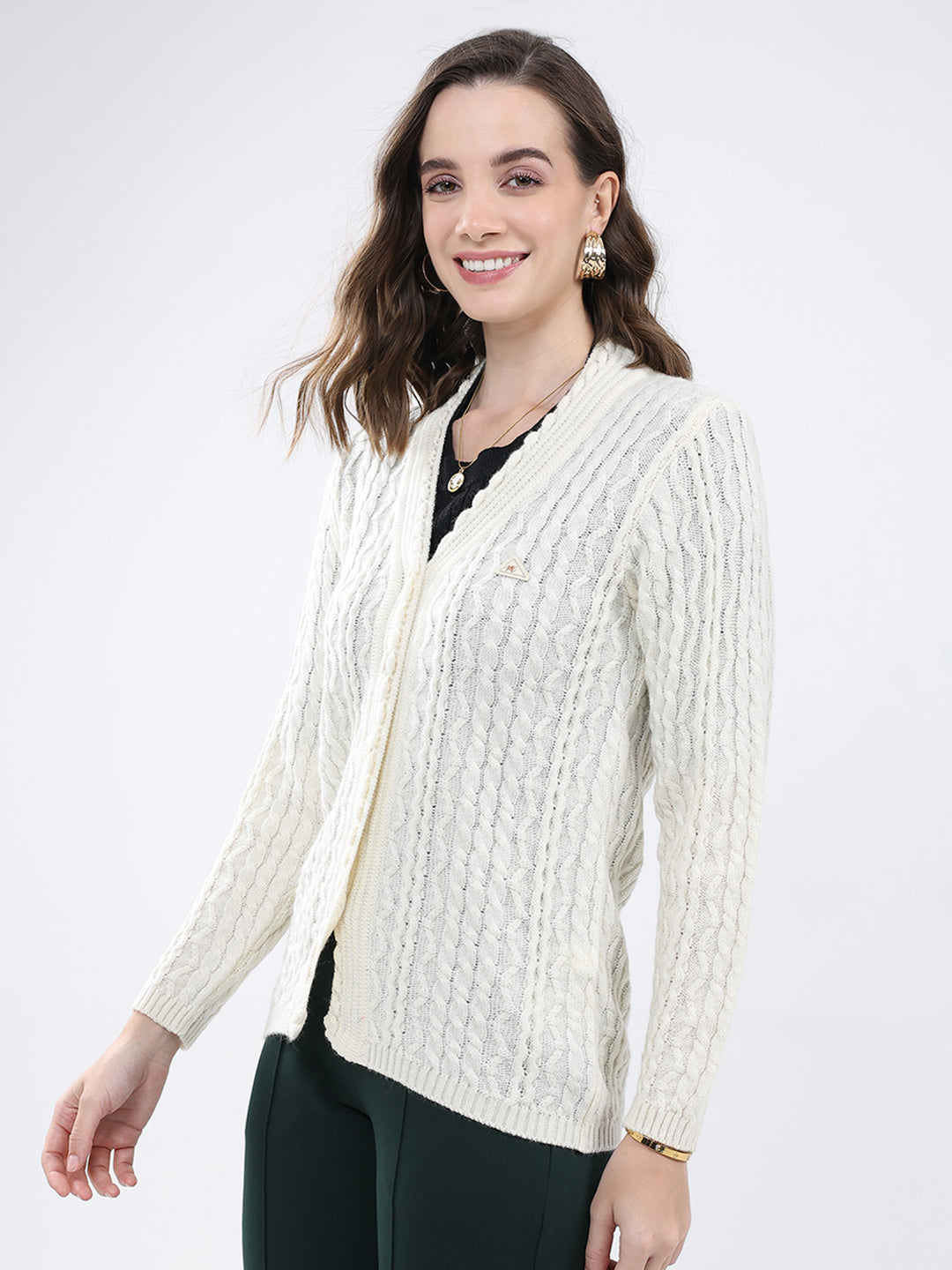 Women White Self Design V Neck Full Sleeve Cardigan