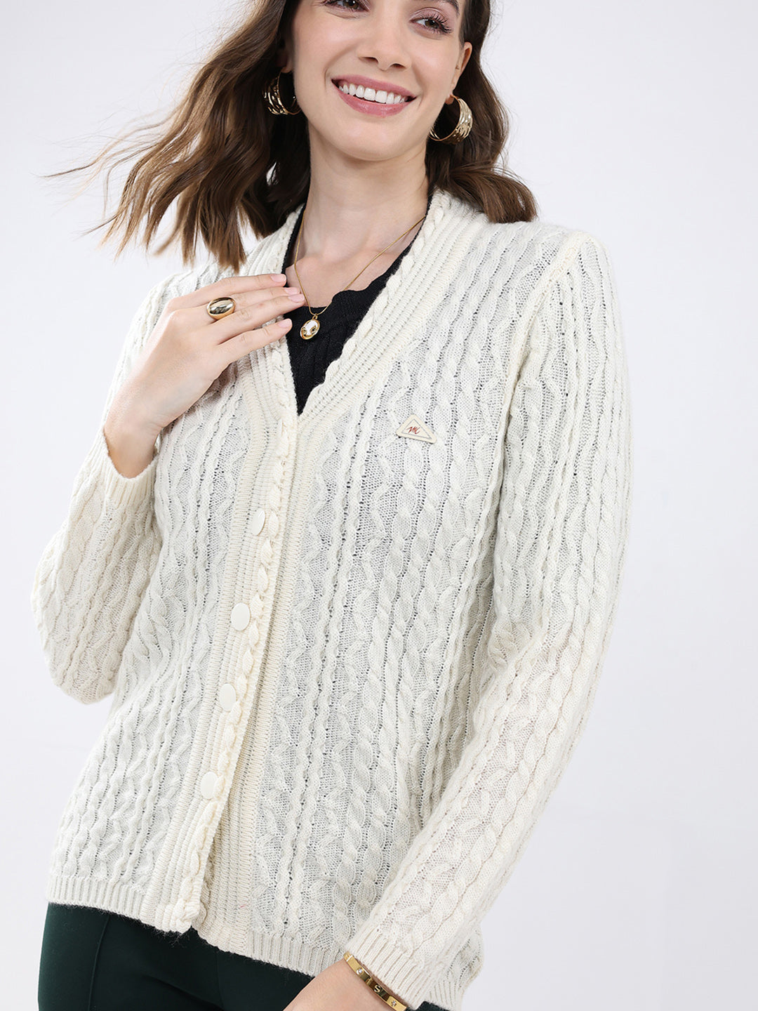 Women White Self Design V Neck Full Sleeve Cardigan