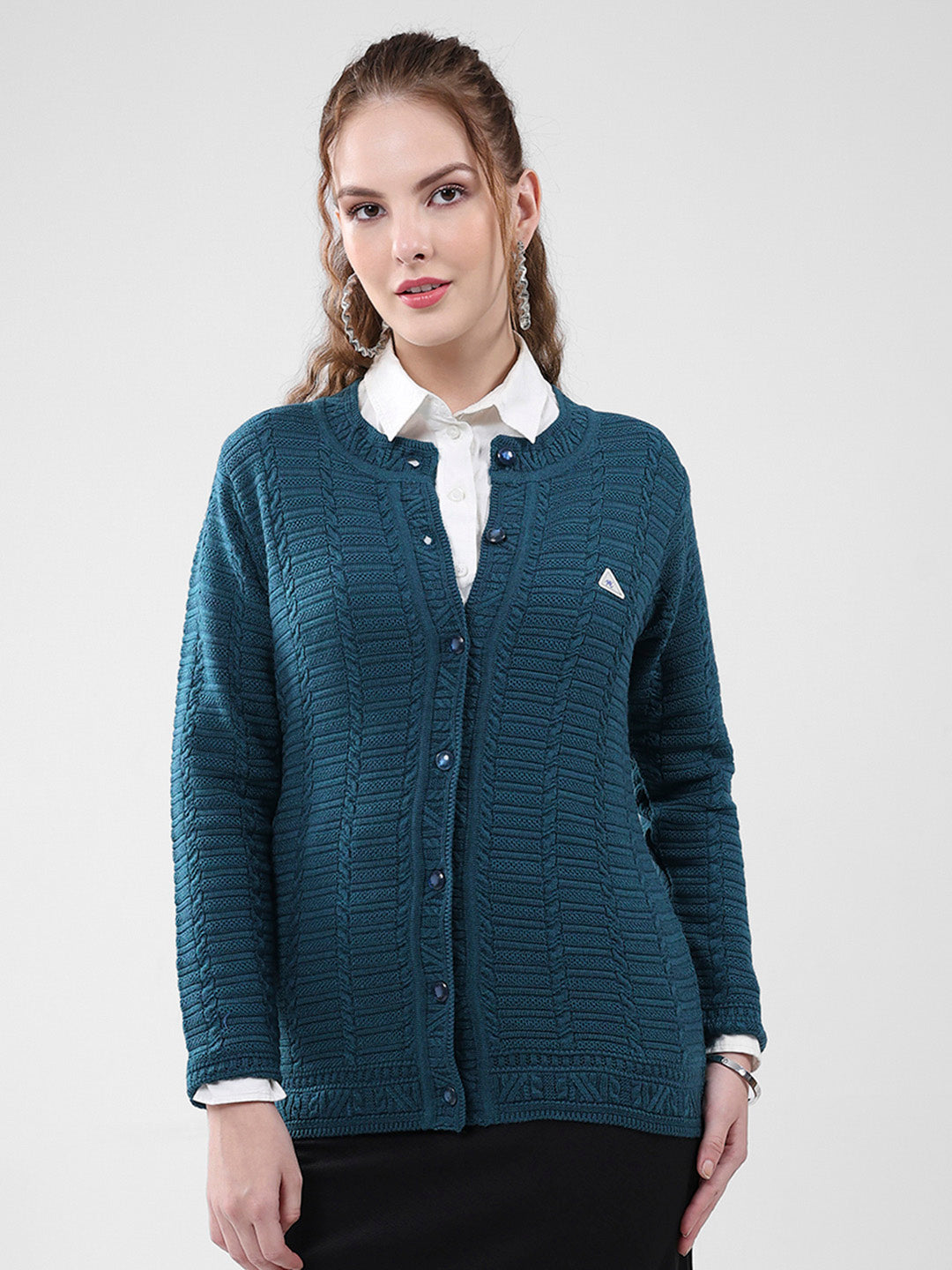 Women Teal Blue Self Design Round Neck Full Sleeve Cardigan