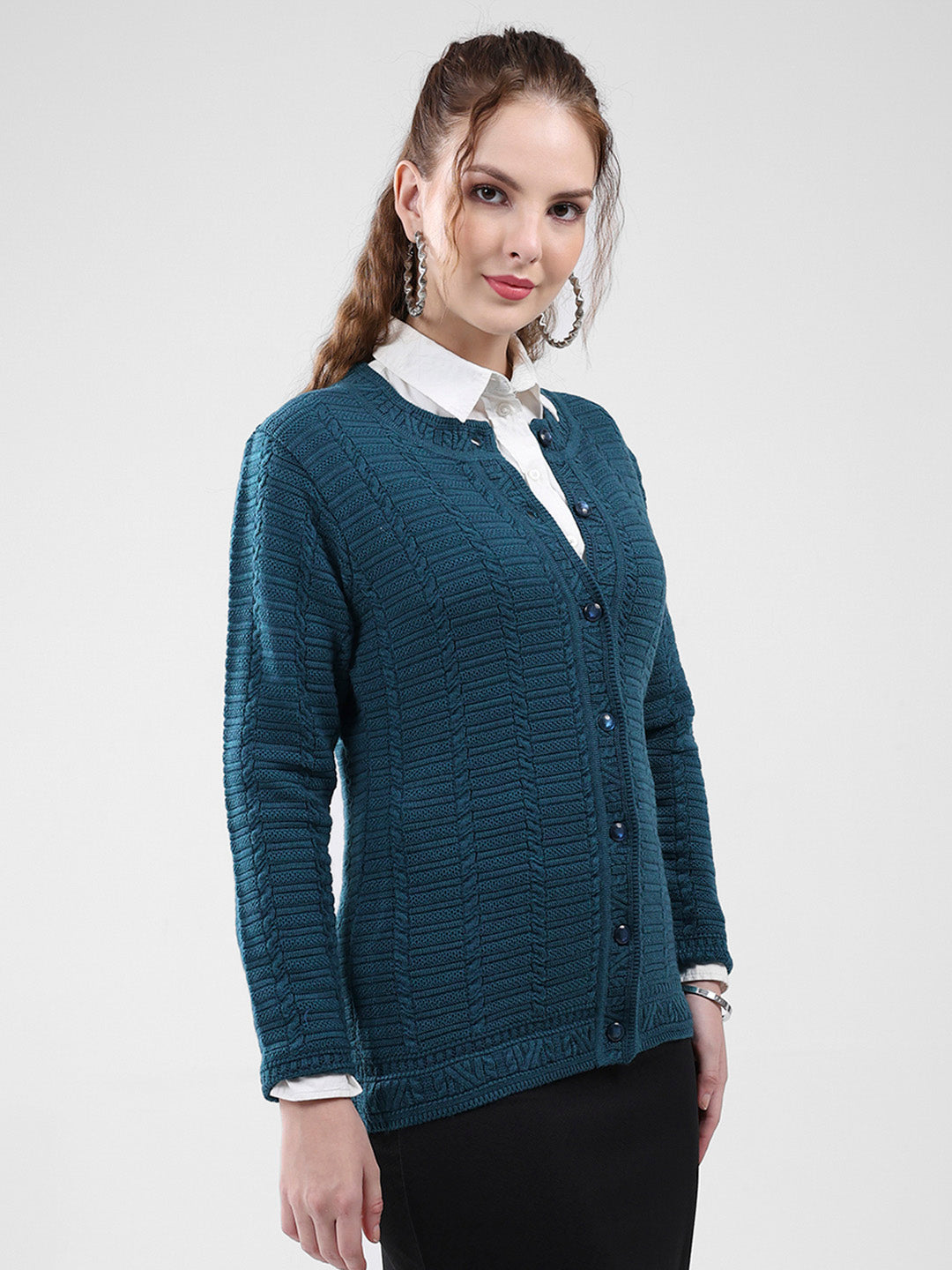 Women Teal Blue Self Design Round Neck Full Sleeve Cardigan