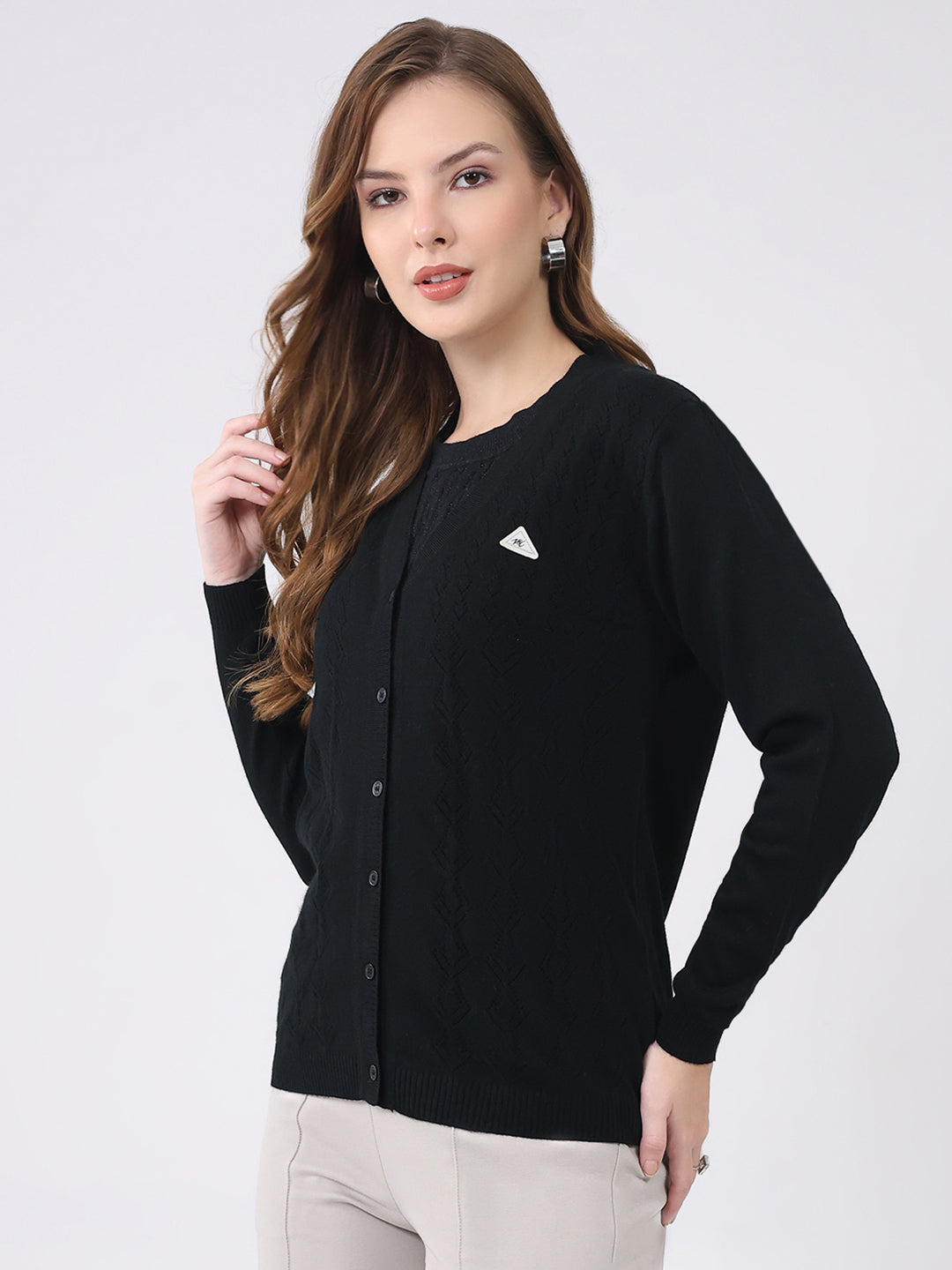 Women Black Solid Round Neck Full Sleeve Cardigan