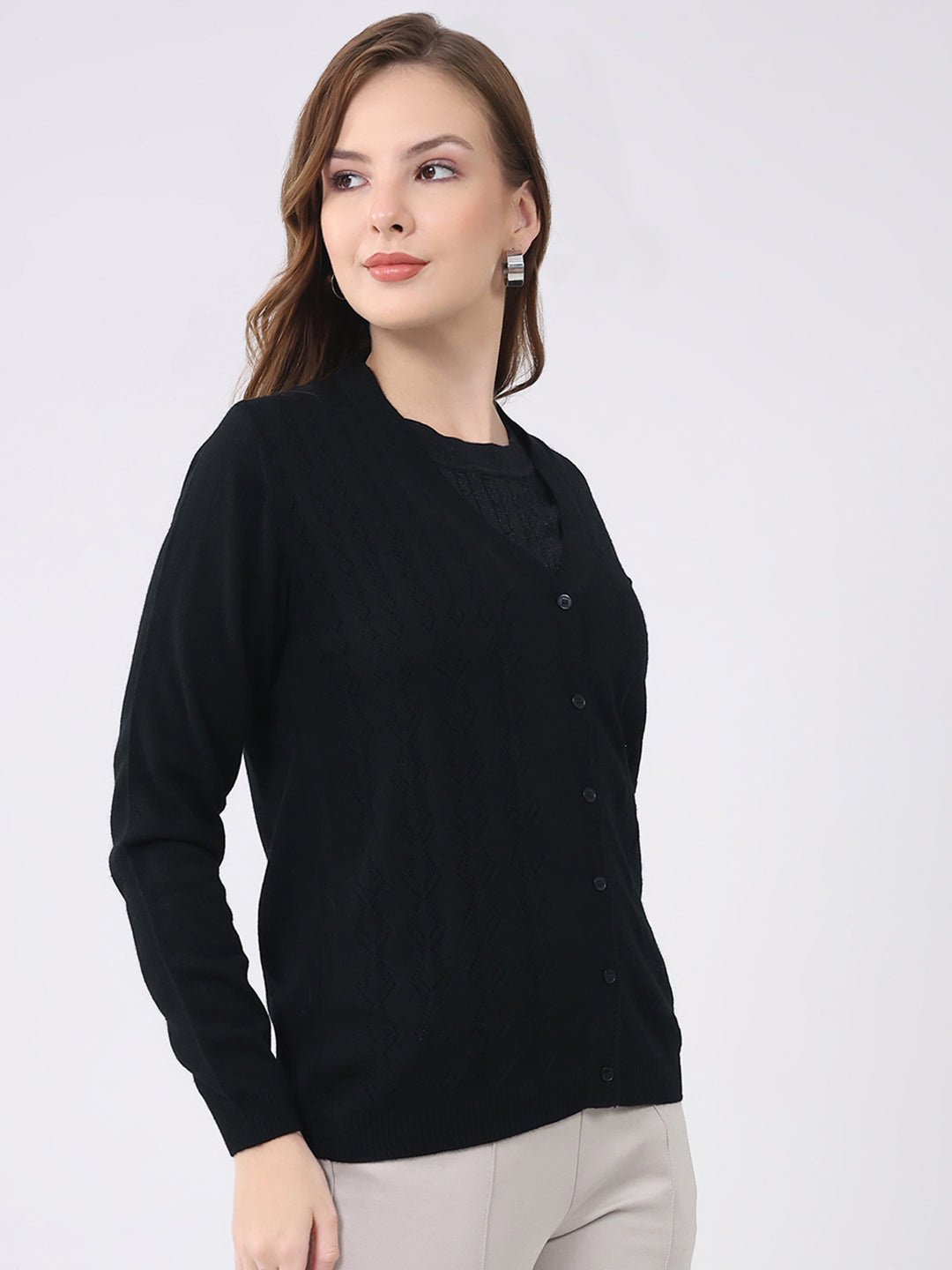 Women Black Solid Round Neck Full Sleeve Cardigan