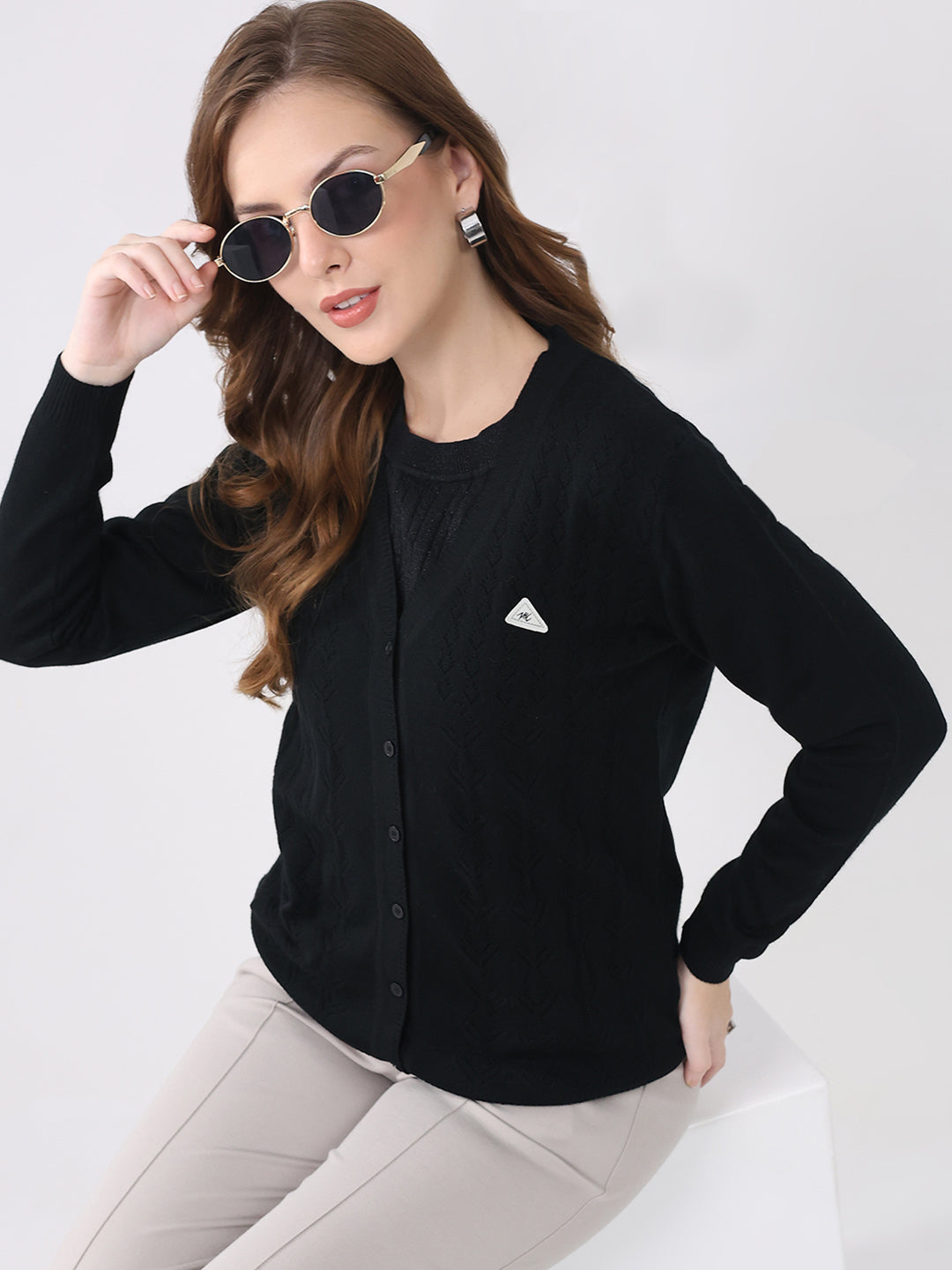 Women Black Solid Round Neck Full Sleeve Cardigan