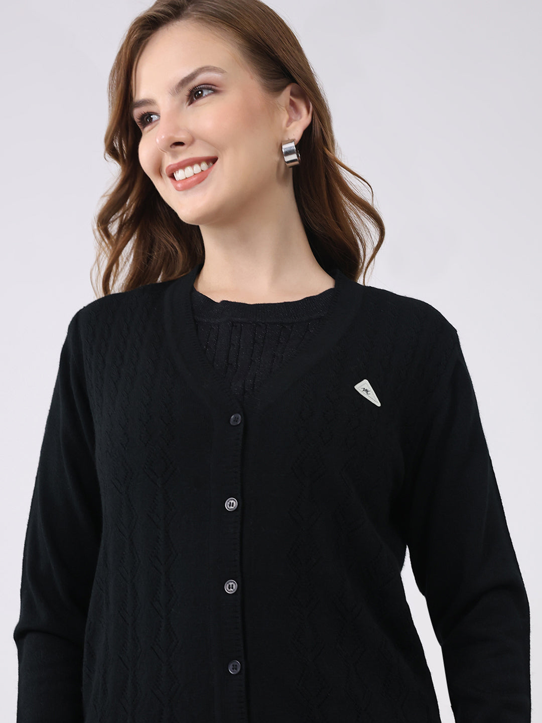 Women Black Solid Round Neck Full Sleeve Cardigan