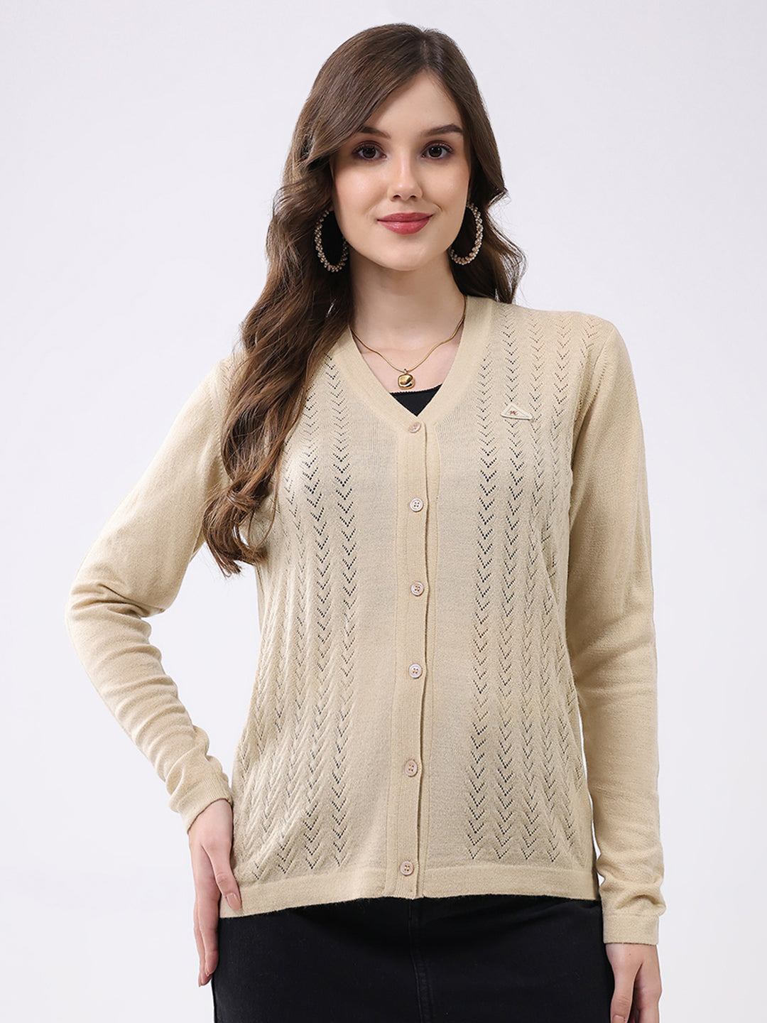 Women Beige Self Design V Neck Full Sleeve Cardigan