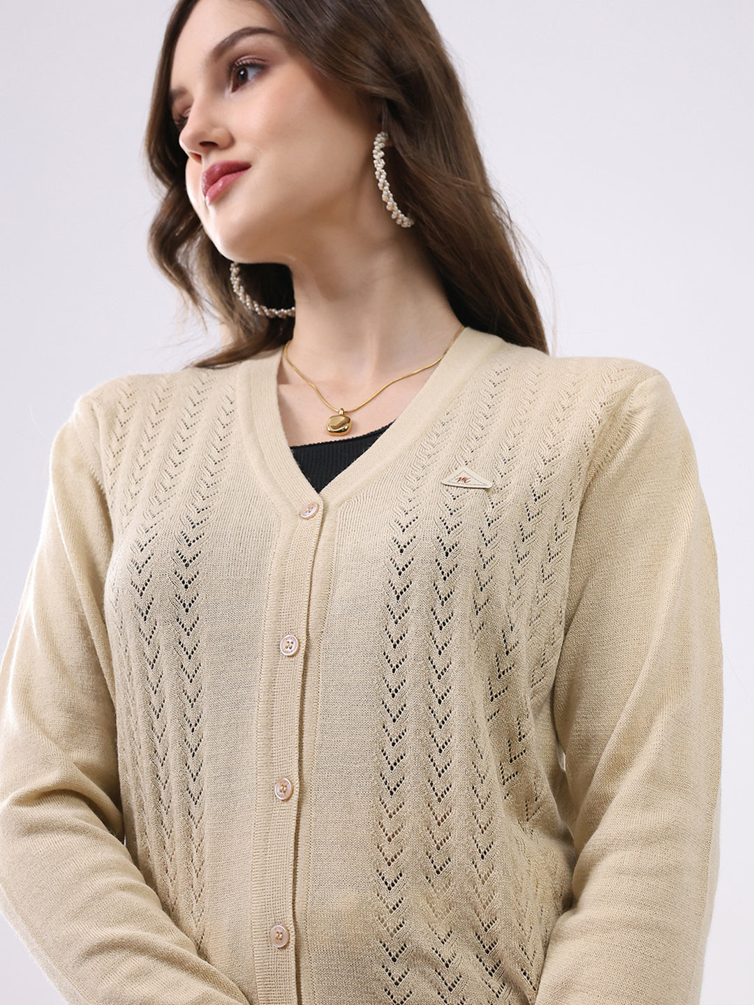 Women Beige Self Design V Neck Full Sleeve Cardigan
