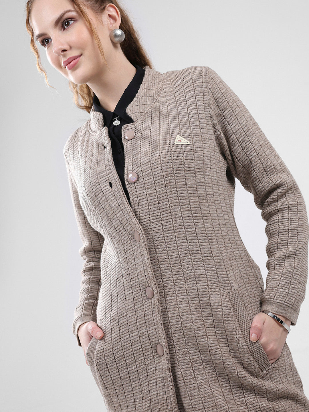 Women Beige Self Design Round Neck Full Sleeve Knitted Coat