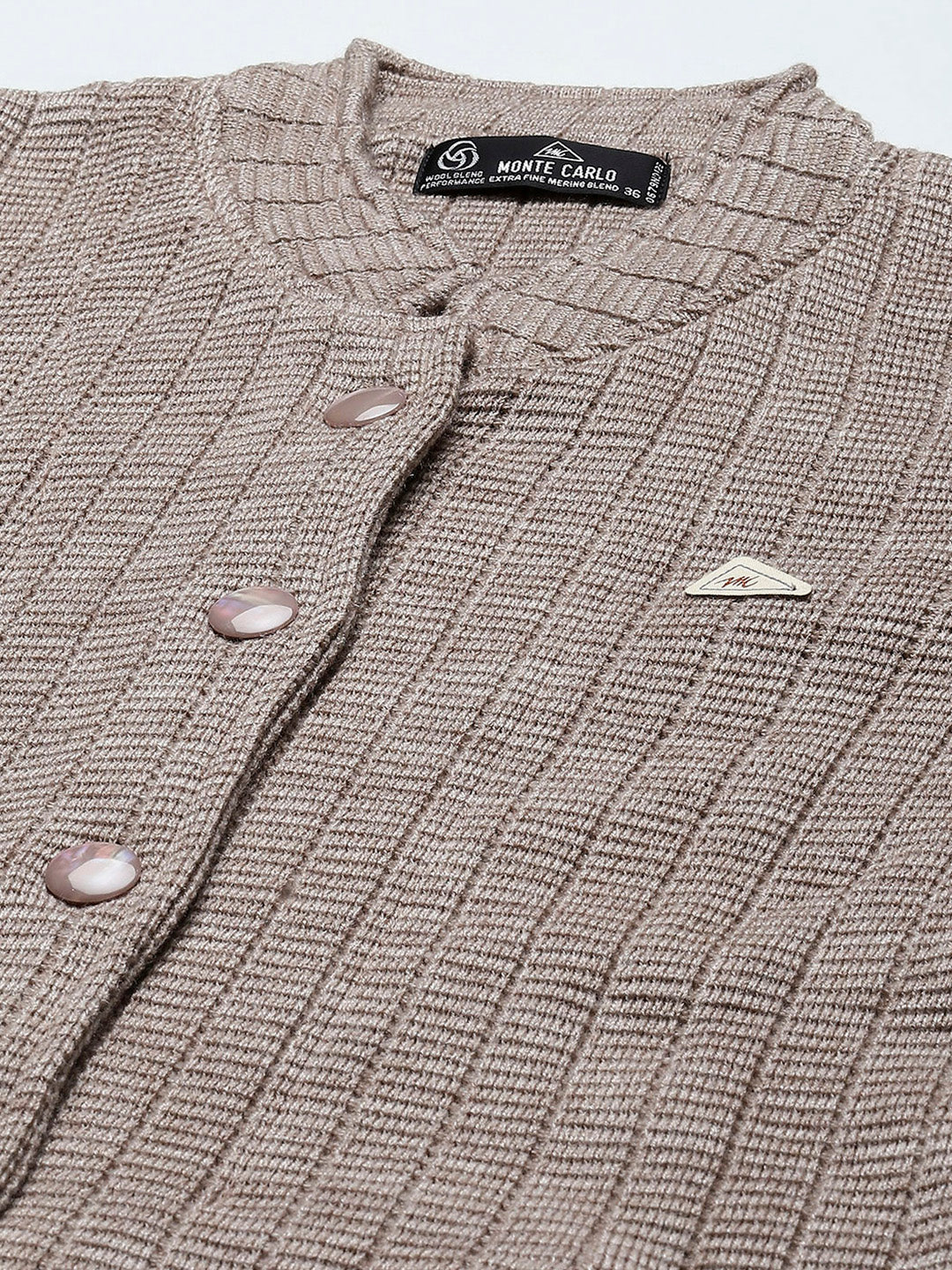 Women Beige Self Design Round Neck Full Sleeve Knitted Coat