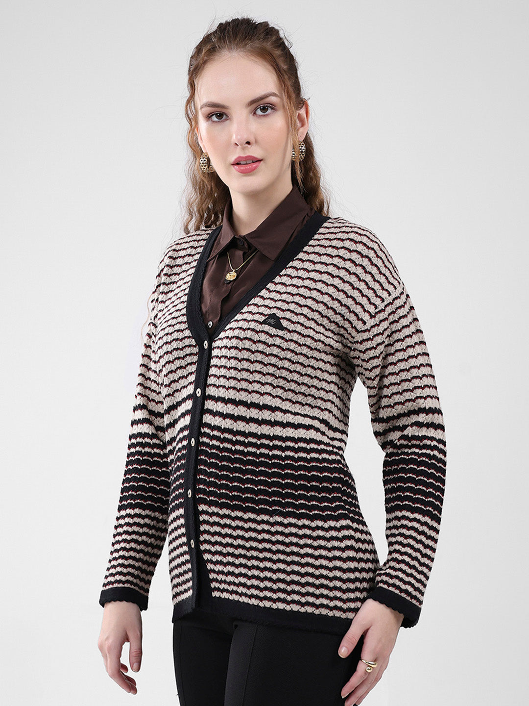 Women Black Self Design V Neck Full Sleeve Cardigan