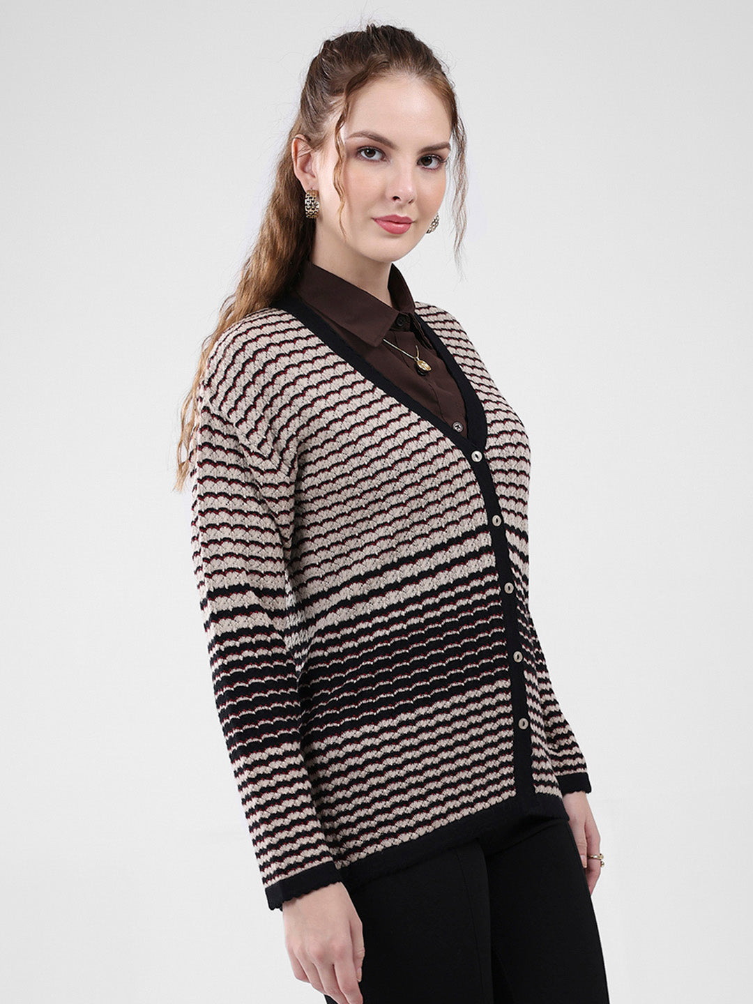 Women Black Self Design V Neck Full Sleeve Cardigan