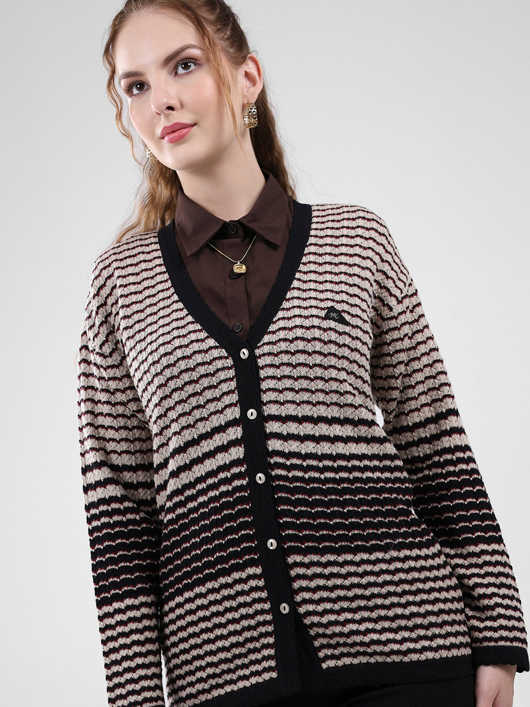 Women Black Self Design V Neck Full Sleeve Cardigan