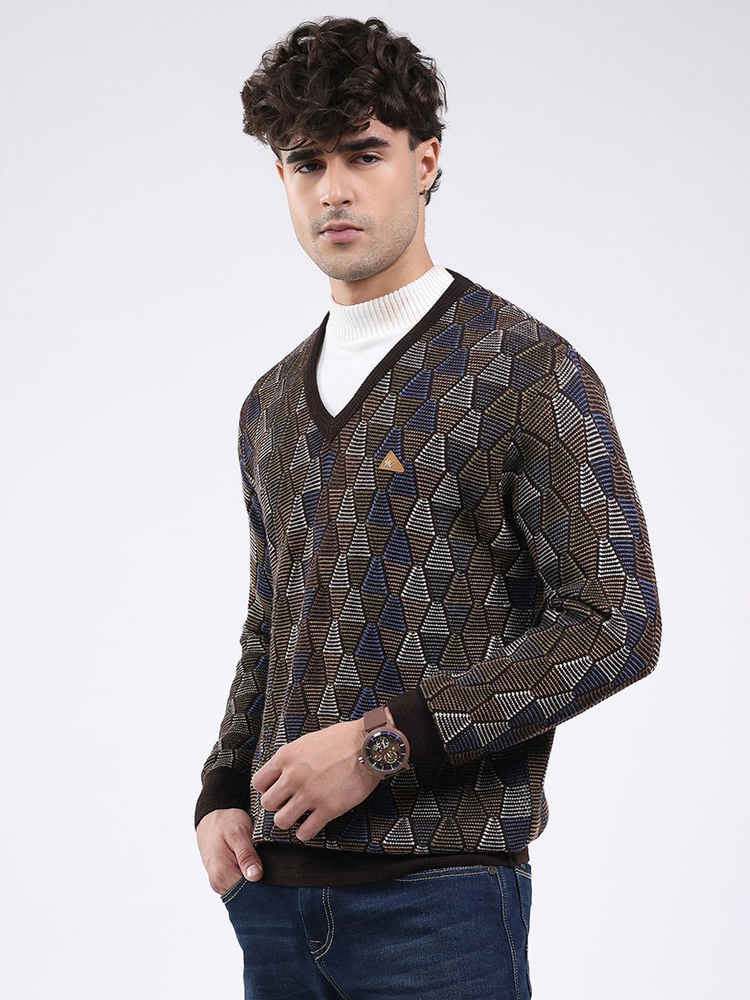 Men Brown Self Design V Neck Full Sleeve Pullover