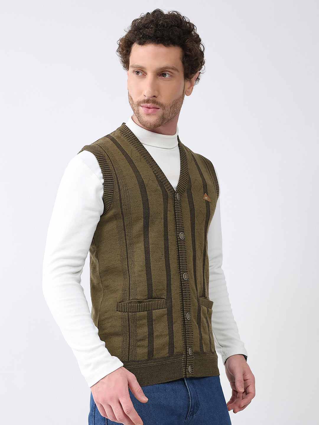 Men Green Self Design V Neck Sleeveless Cardigan