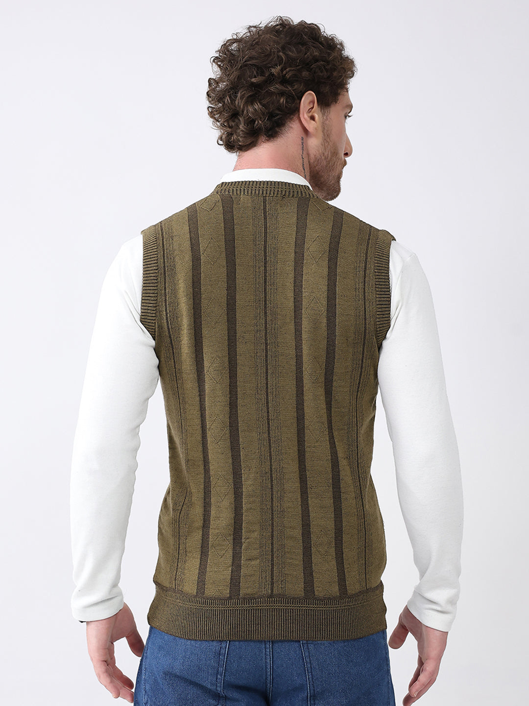 Men Green Self Design V Neck Sleeveless Cardigan