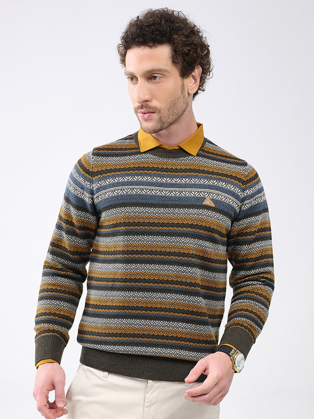 Men Green Stripe Round Neck Full Sleeve Pullover