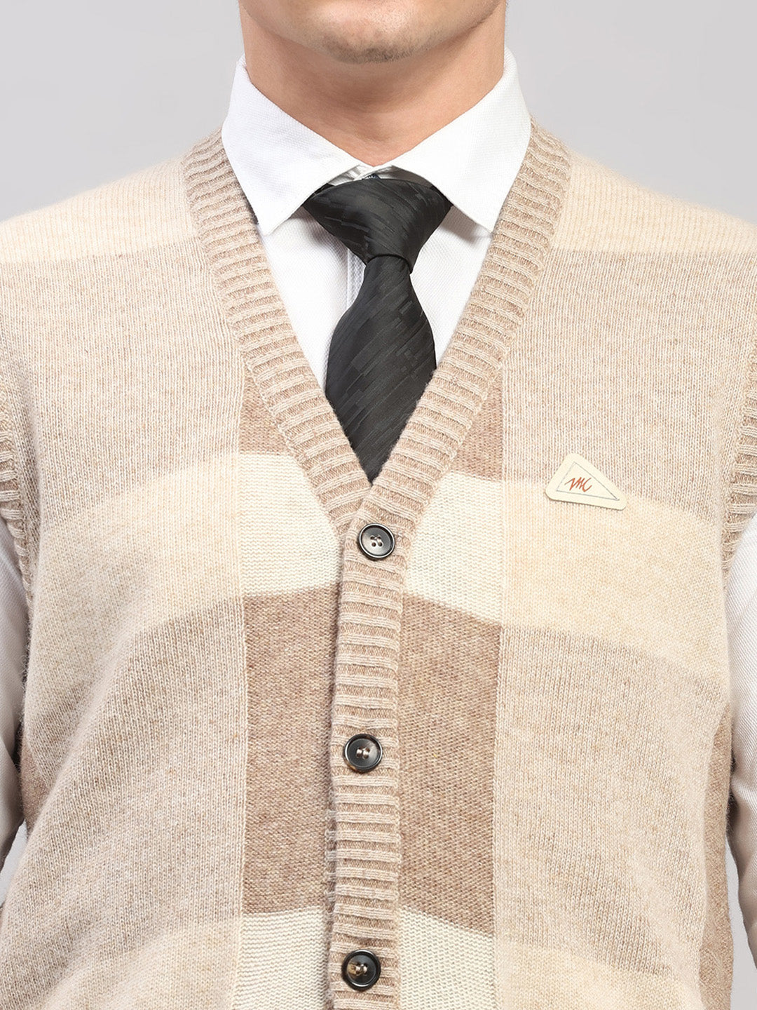 Men Beige Printed V Neck Sleeveless Cardigan