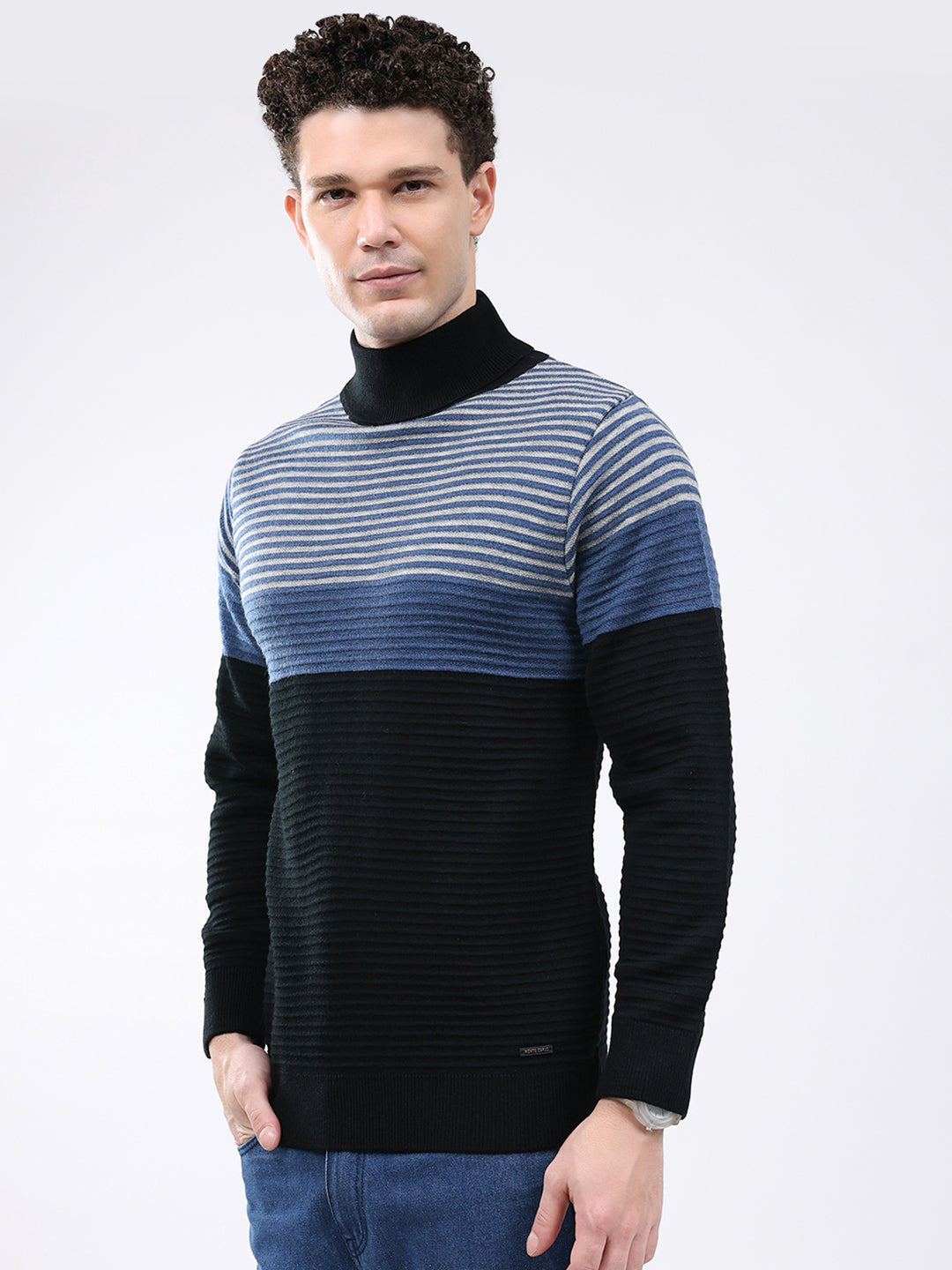 Men Black Self Design High Neck Full Sleeve Pullover