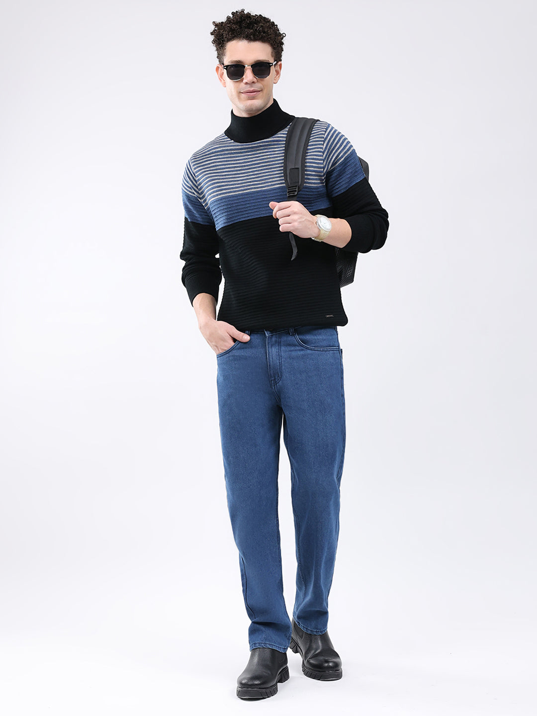 Men Black Self Design High Neck Full Sleeve Pullover