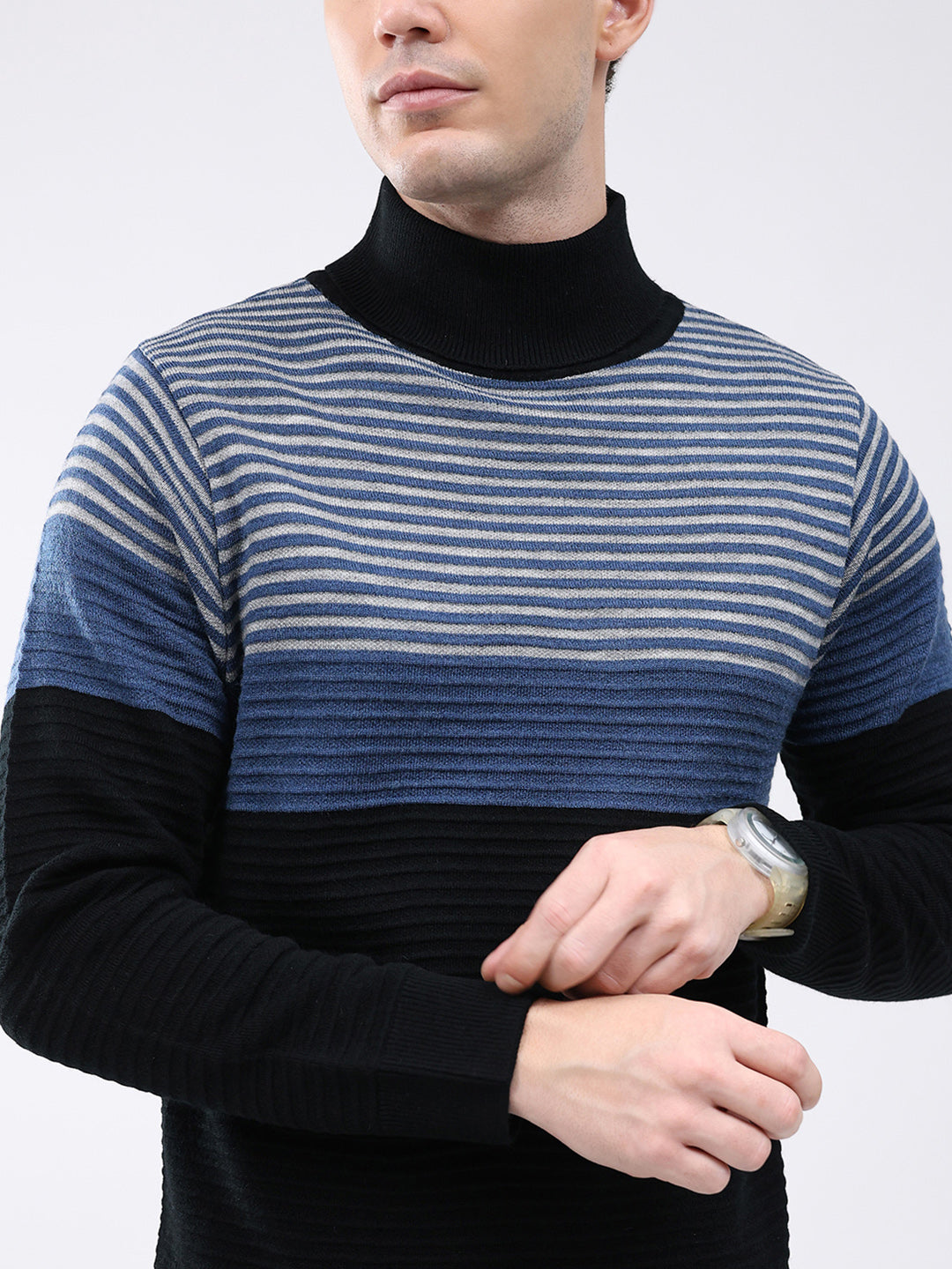 Men Black Self Design High Neck Full Sleeve Pullover