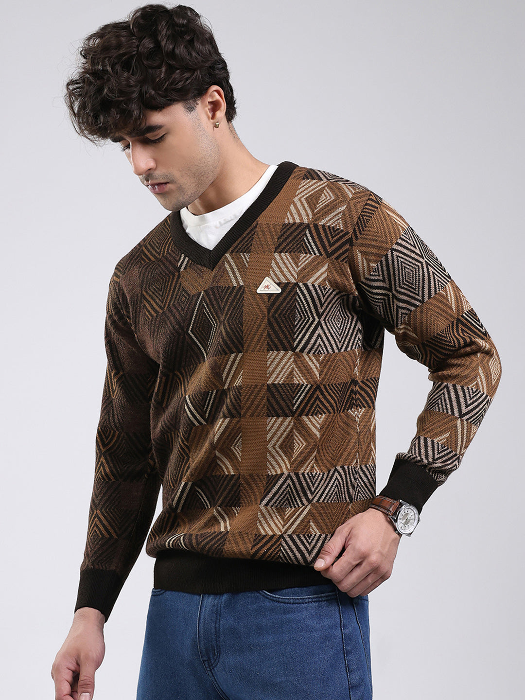 Men Brown Self Design V Neck Full Sleeve Pullover
