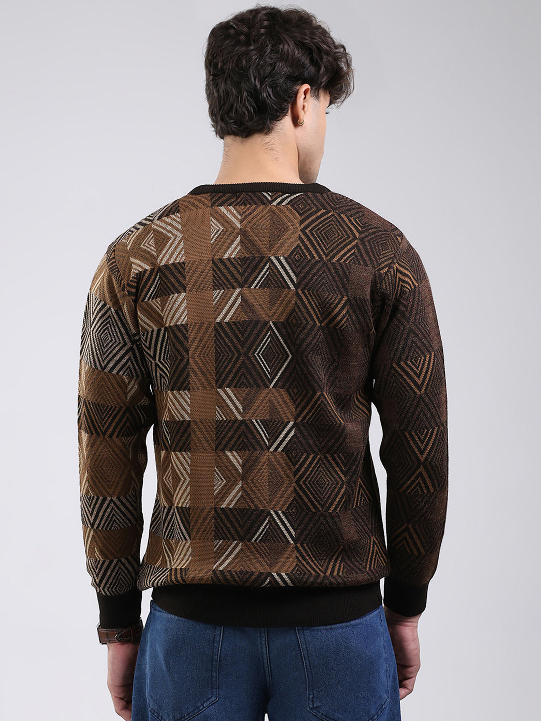 Men Brown Self Design V Neck Full Sleeve Pullover