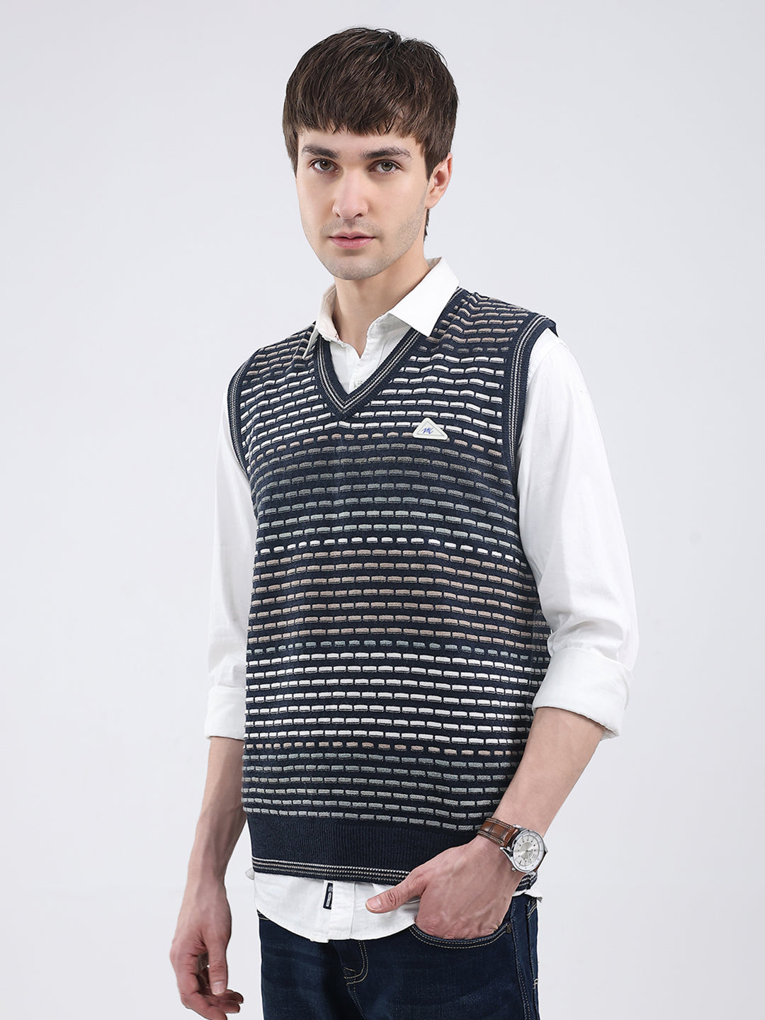 Men Navy Blue Self Design V Neck Sleeveless Sweater
