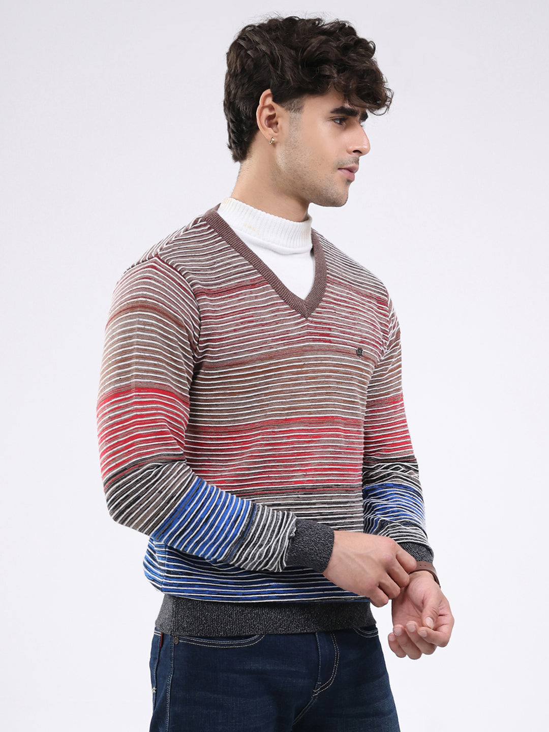 Men Multicolor Stripe V Neck Full Sleeve Pullover