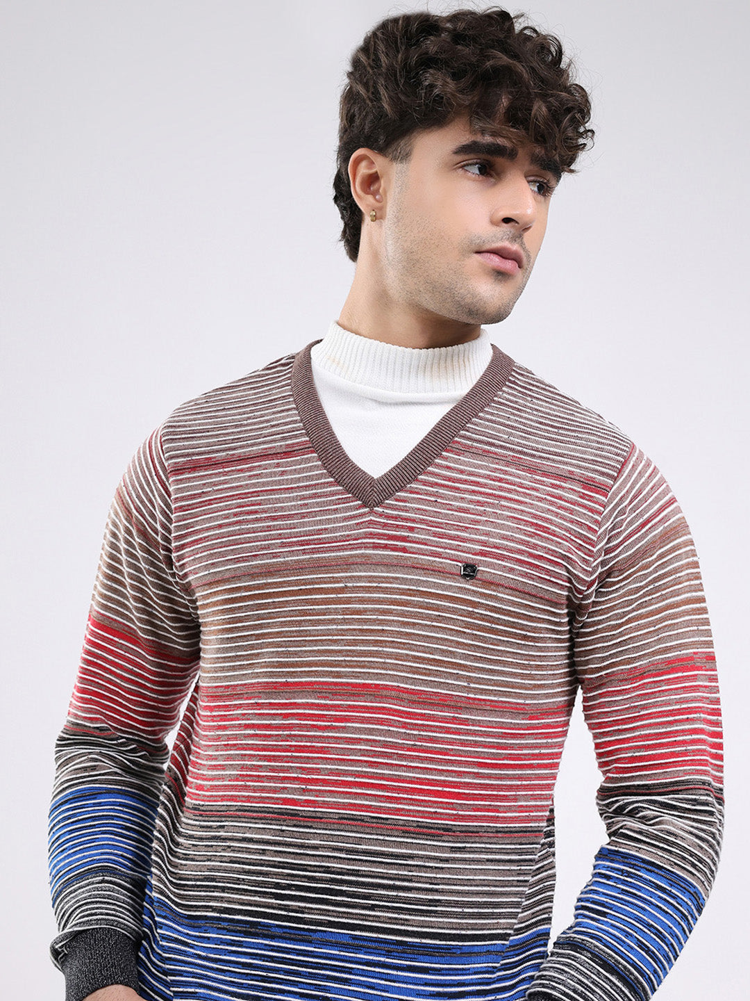 Men Multicolor Stripe V Neck Full Sleeve Pullover
