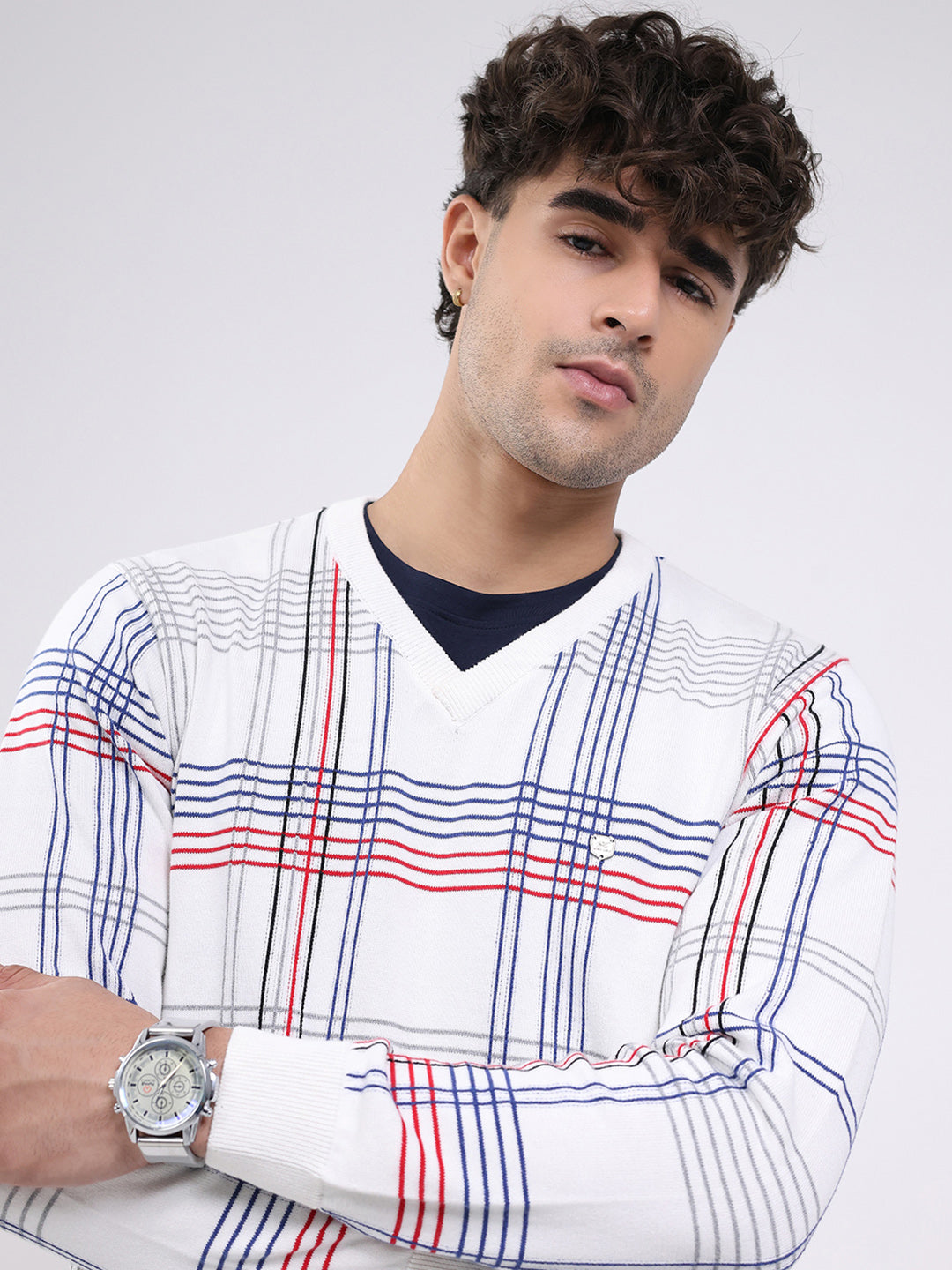 Men White Solid V Neck Full Sleeve Pullover