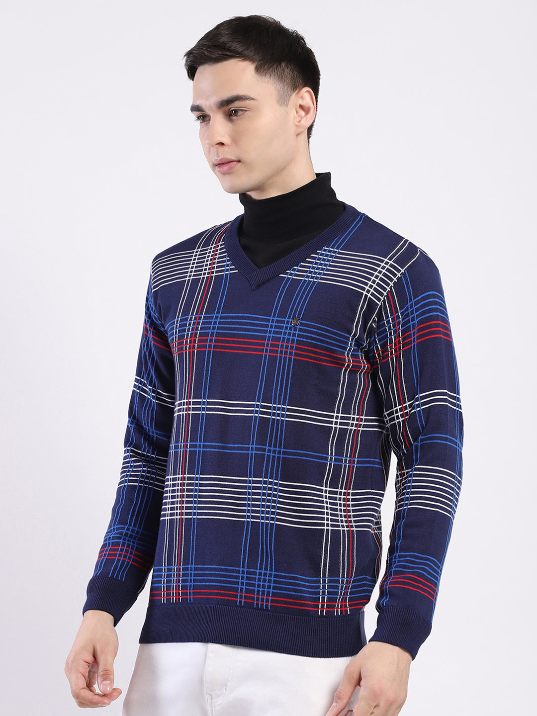 Men Blue Self Design V Neck Full Sleeve Pullover