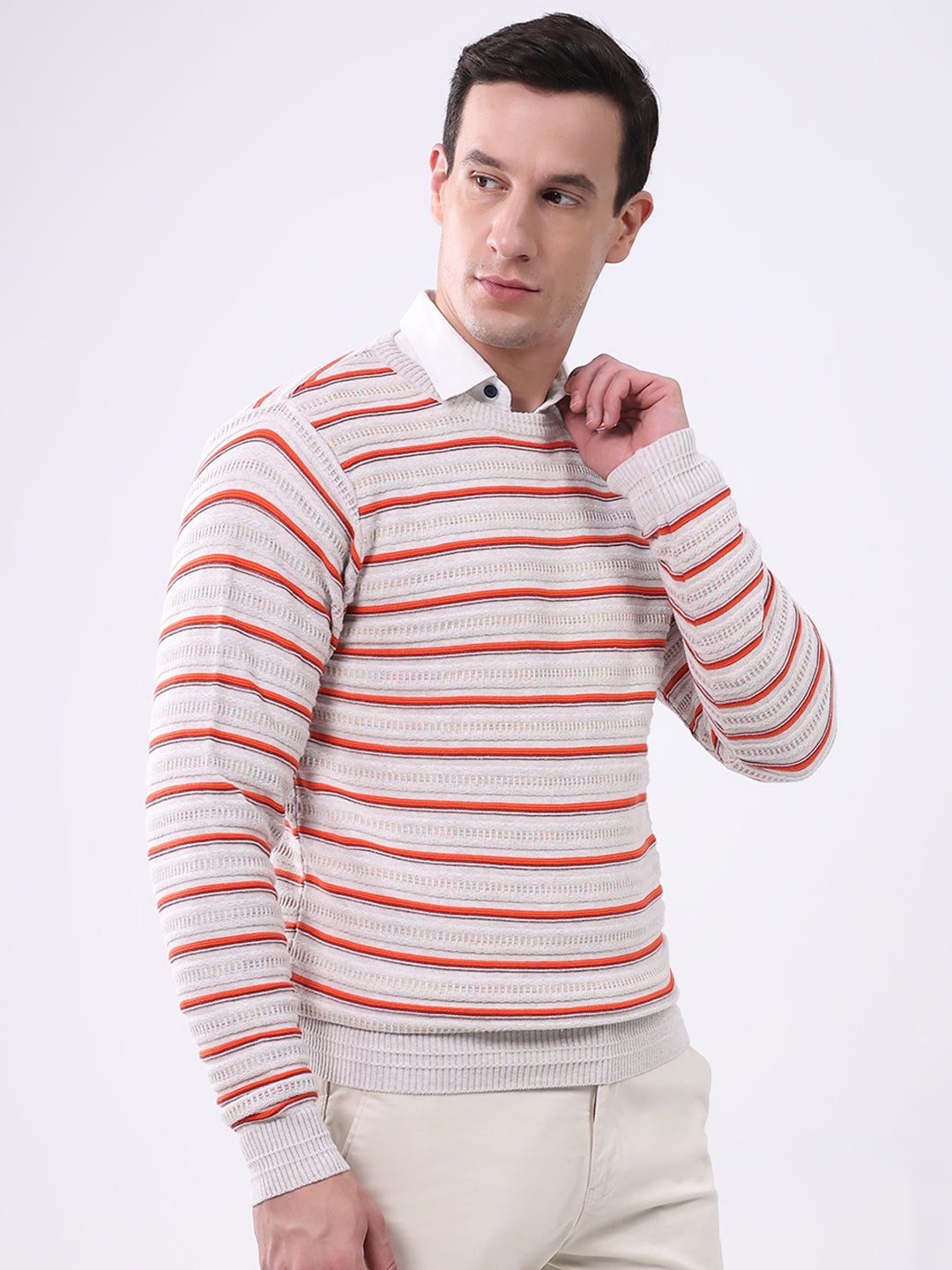 Men Beige Stripe Round Neck Full Sleeve Pullover