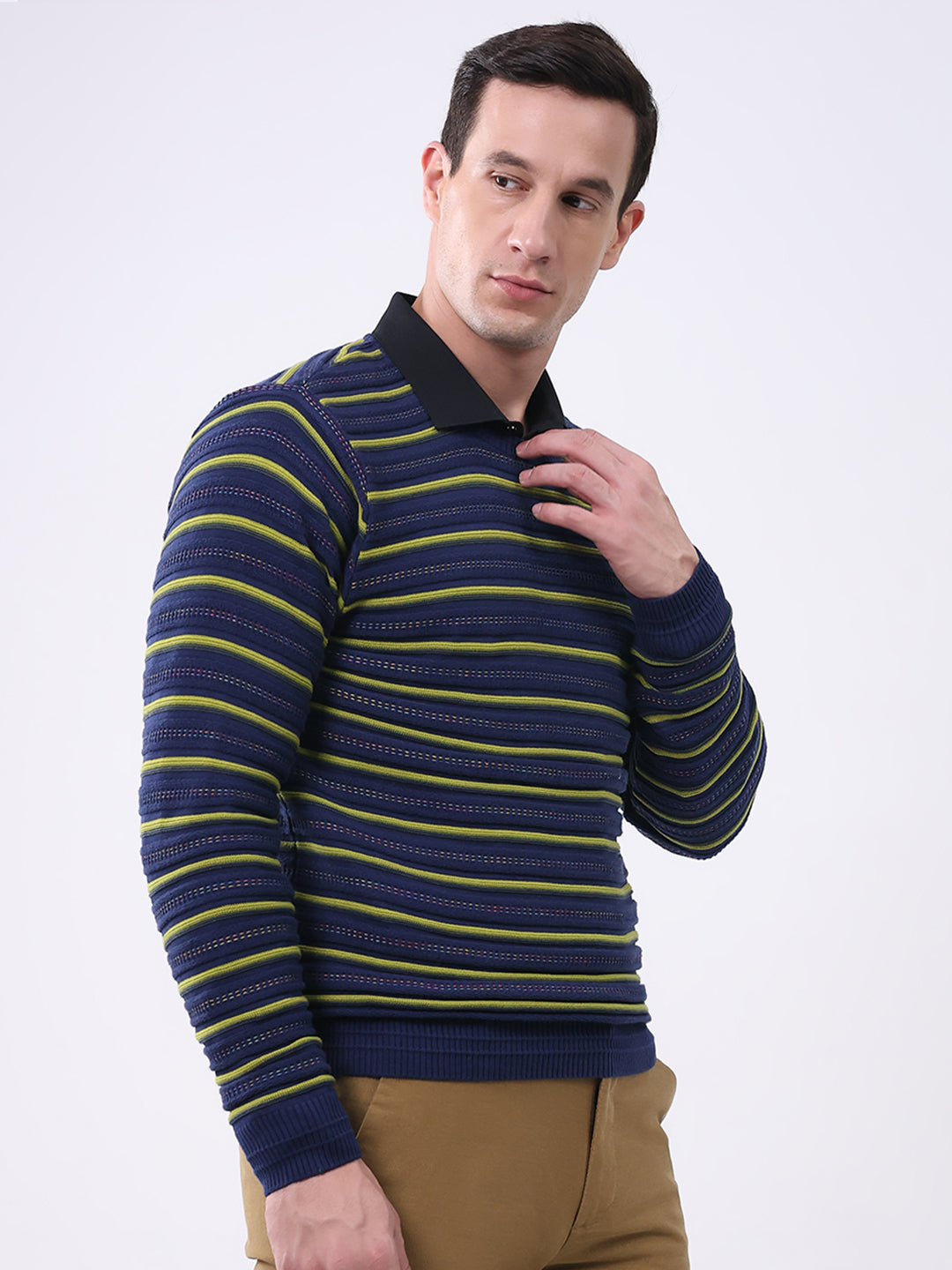 Men Blue Stripe Round Neck Full Sleeve Pullover