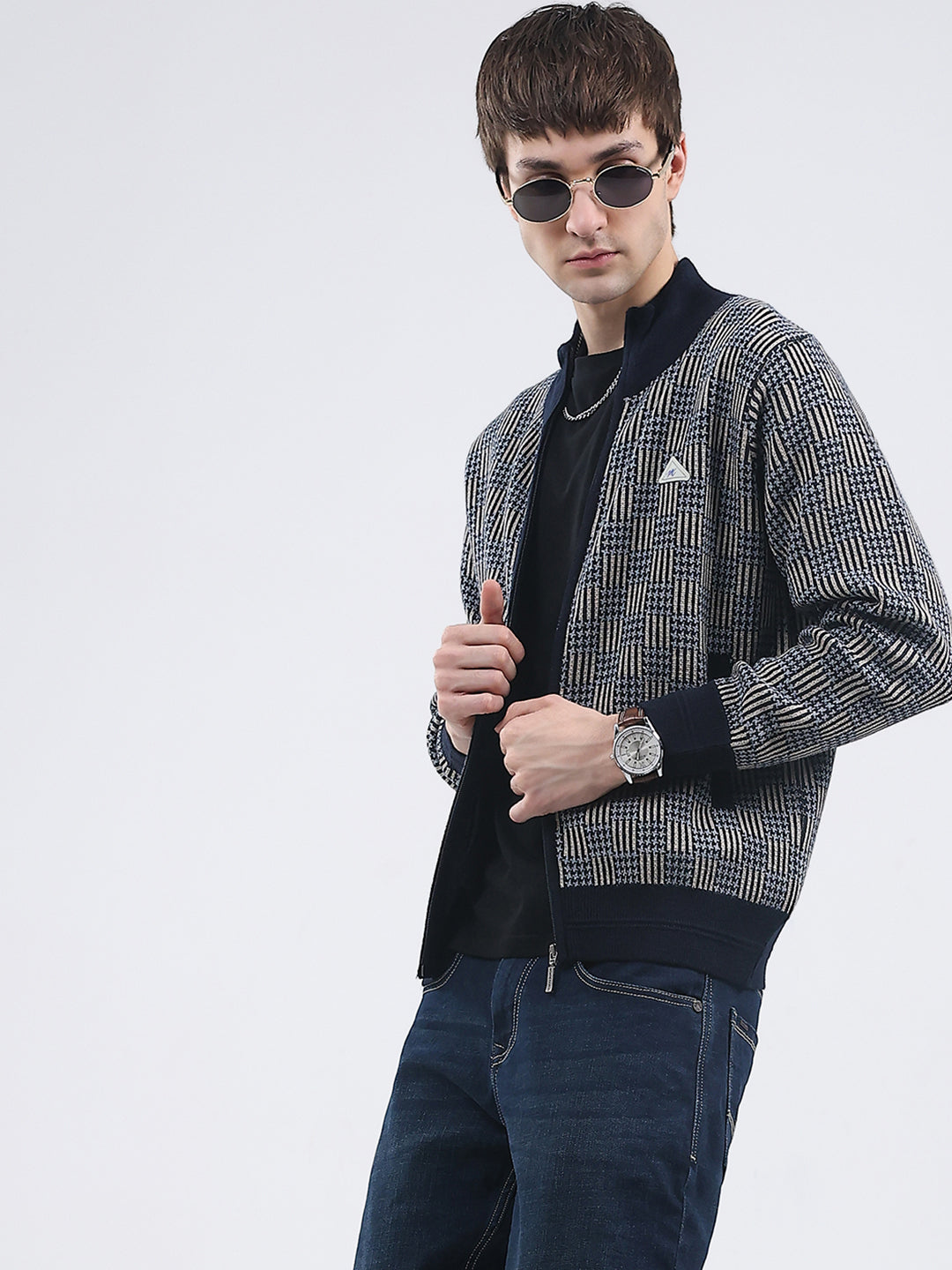 Men Navy Blue Self Design Mock Neck Full Sleeve Pullover