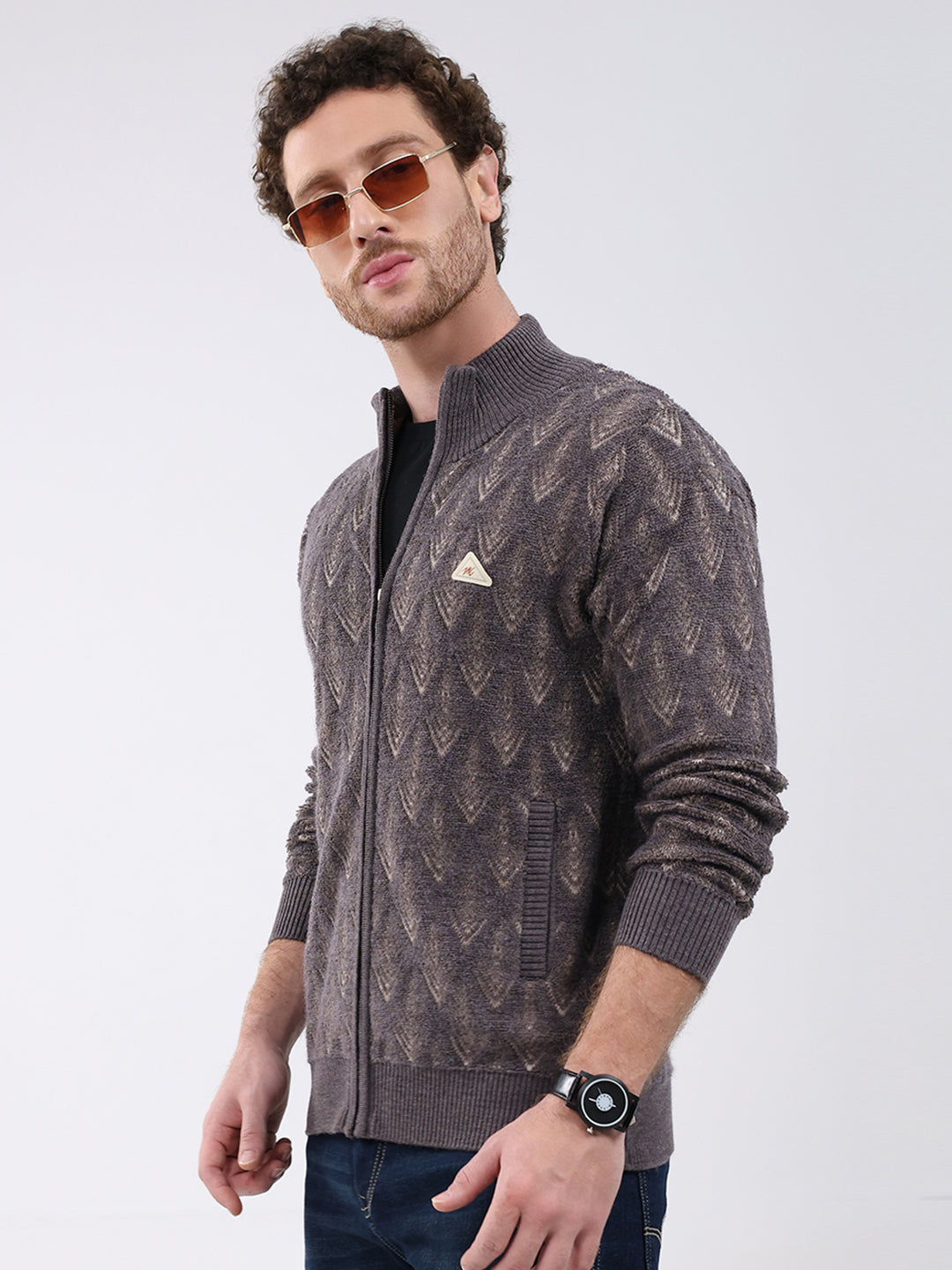 Men Dark Grey Self Design Mock Neck Full Sleeve Pullover