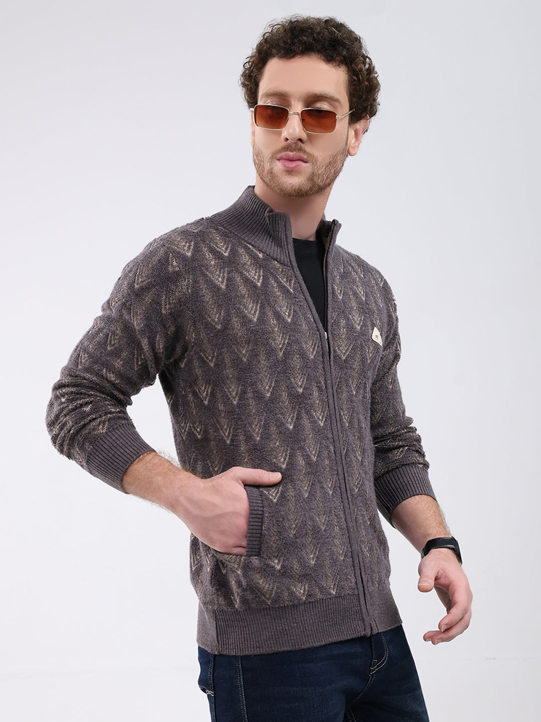 Men Dark Grey Self Design Mock Neck Full Sleeve Pullover