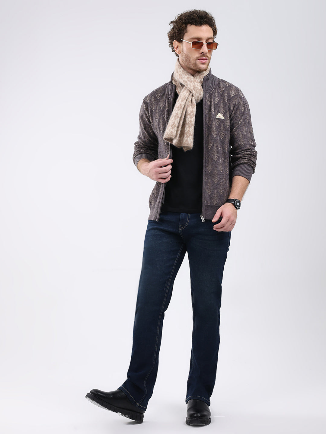 Men Dark Grey Self Design Mock Neck Full Sleeve Pullover