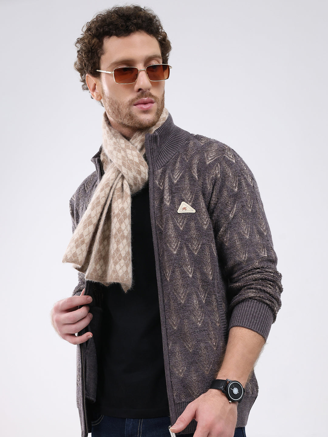 Men Dark Grey Self Design Mock Neck Full Sleeve Pullover