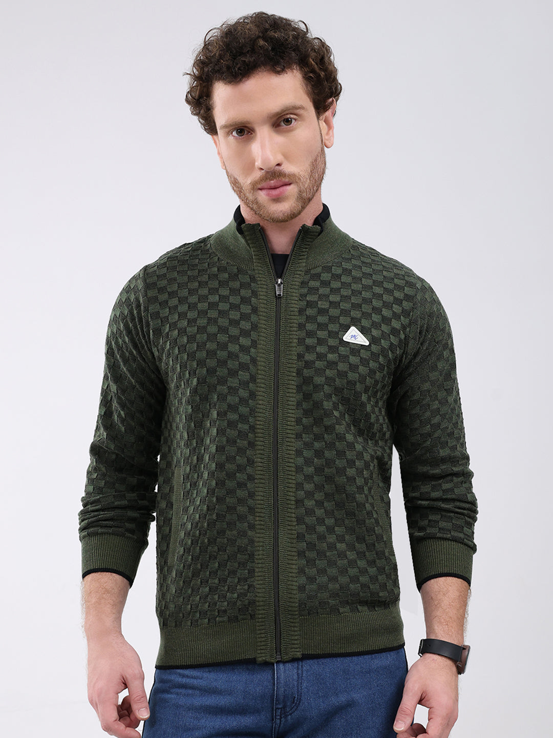 Men Green Self Design Mock Neck Full Sleeve Pullover